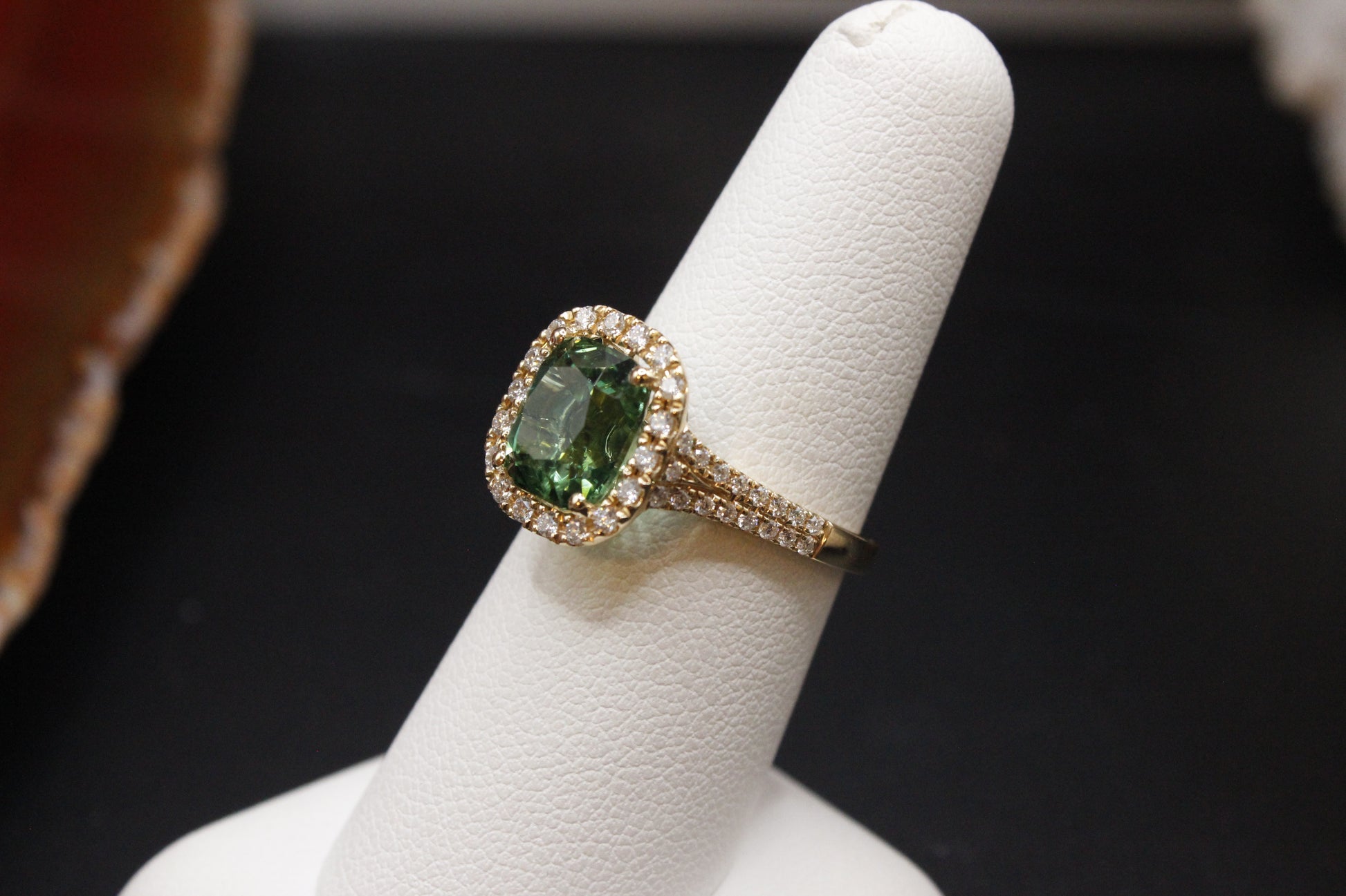 18KYG Green Tourmaline and Diamond Halo Ring