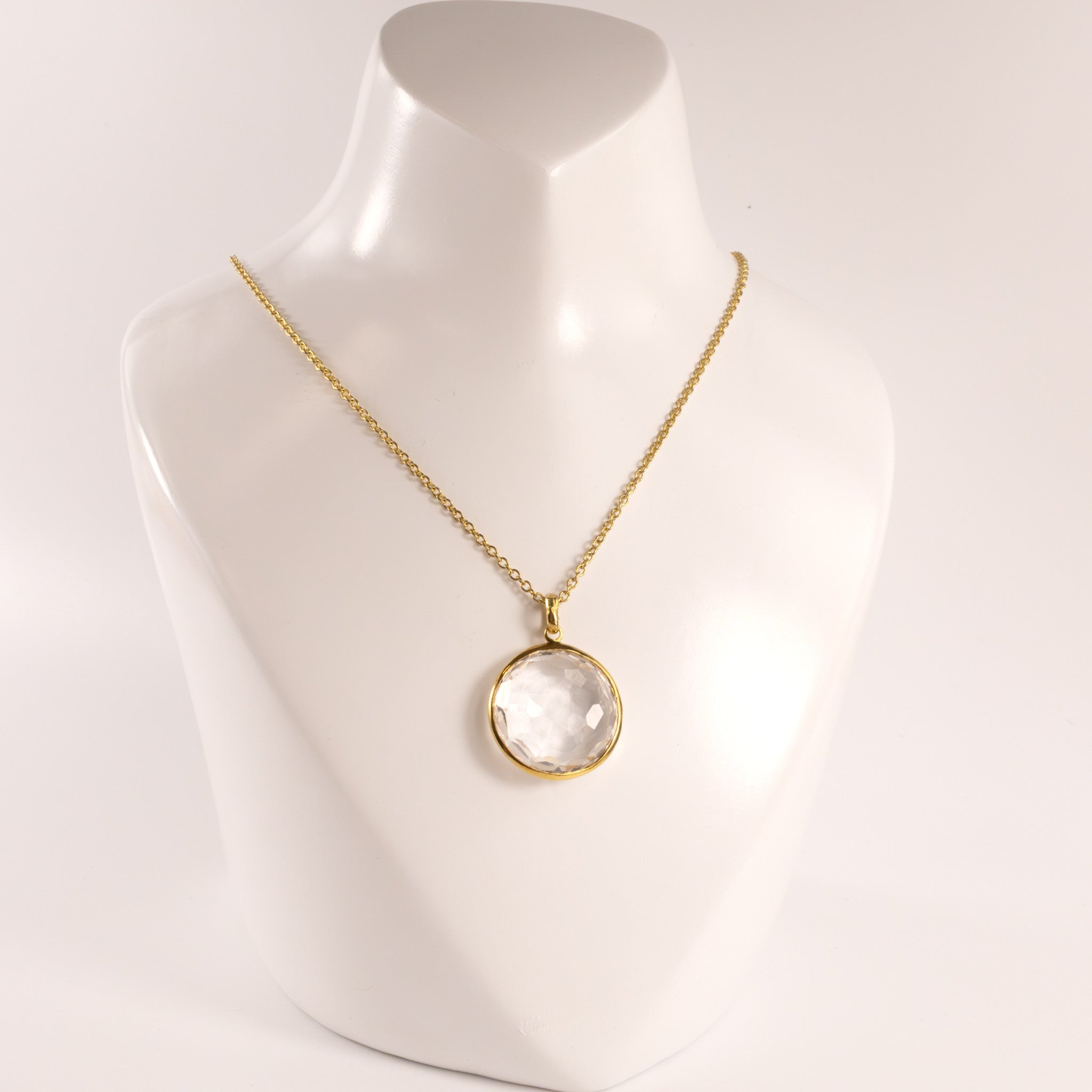 18KYG White Quartz Round Faceted Bezel Set Necklace