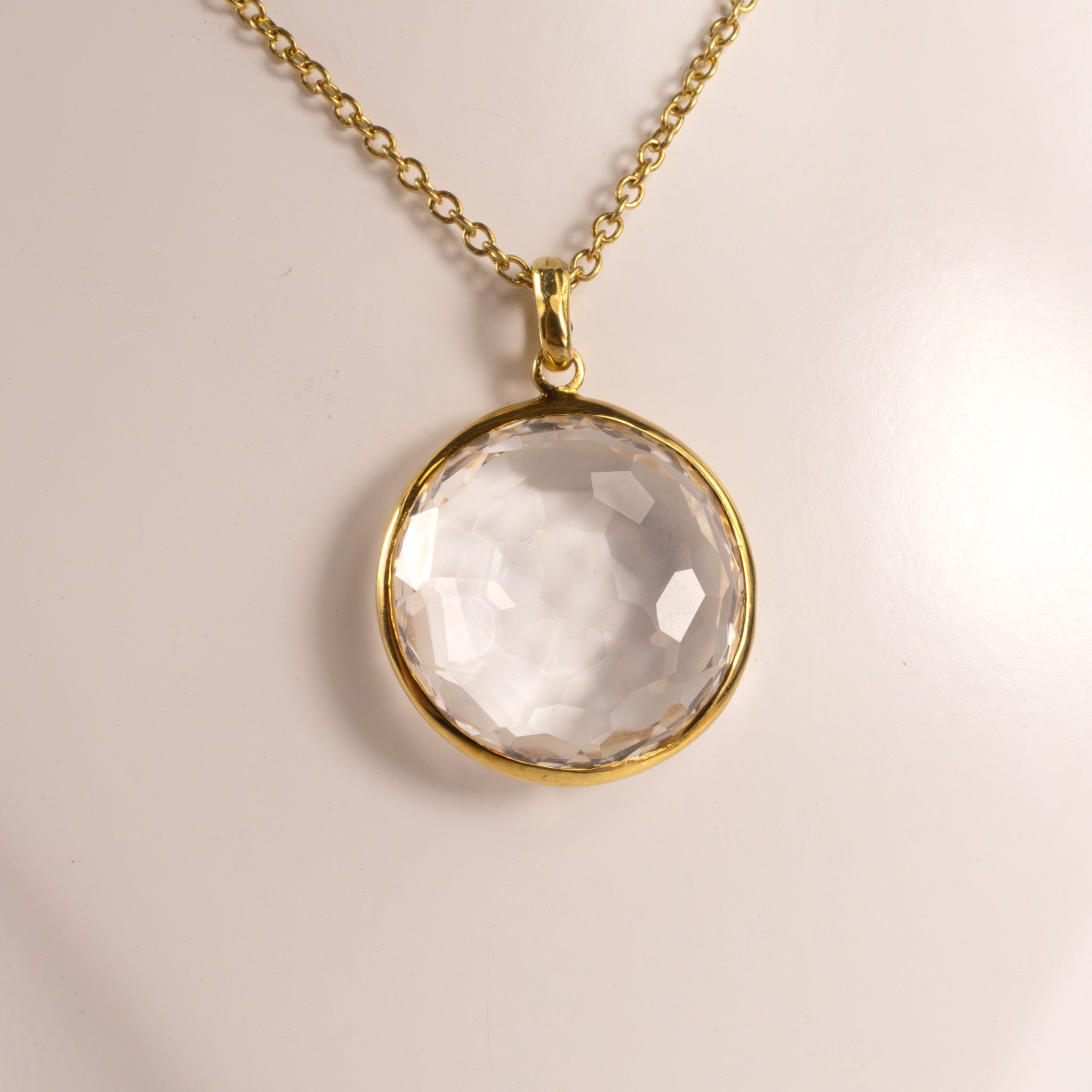 18KYG White Quartz Round Faceted Bezel Set Necklace