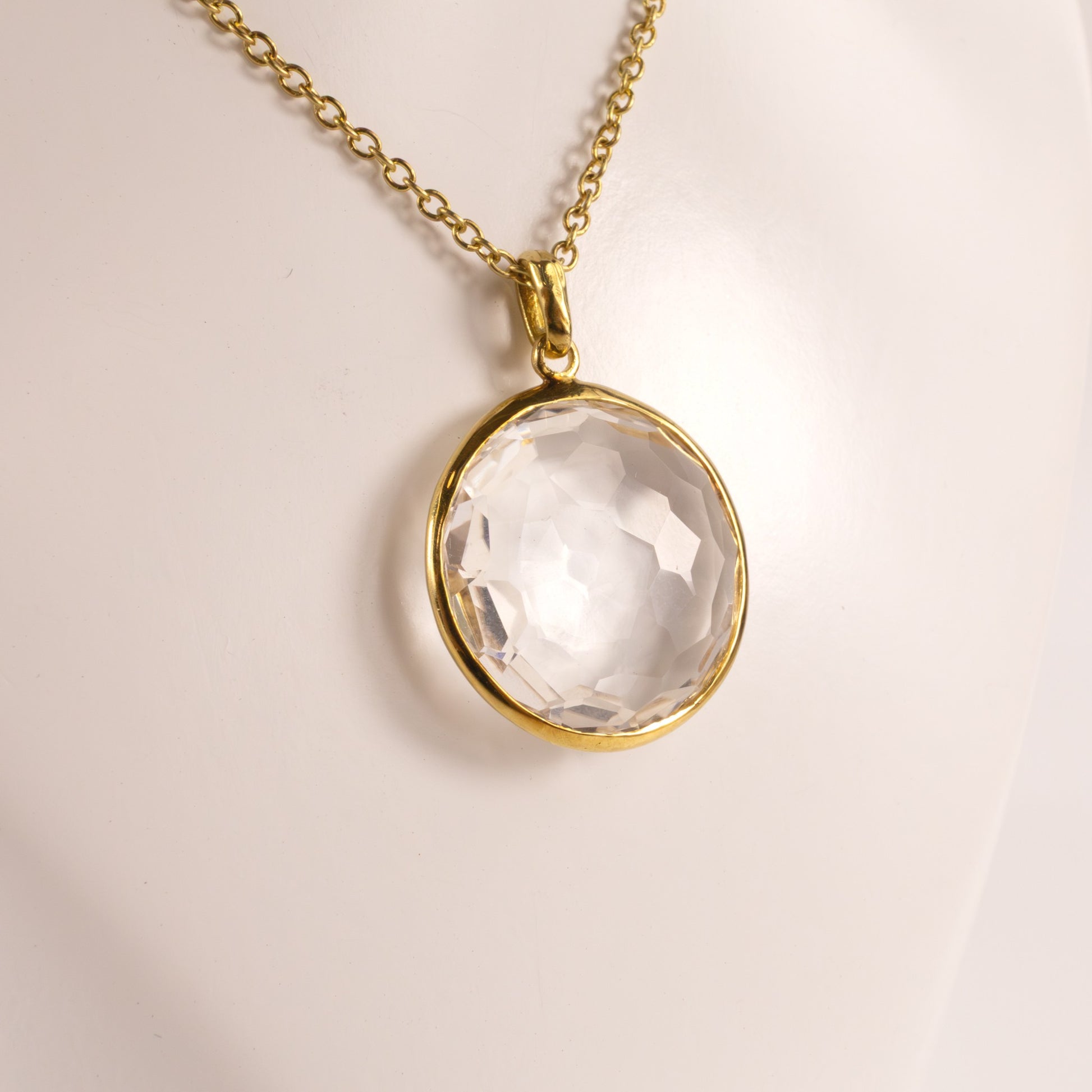 18KYG White Quartz Round Faceted Bezel Set Necklace