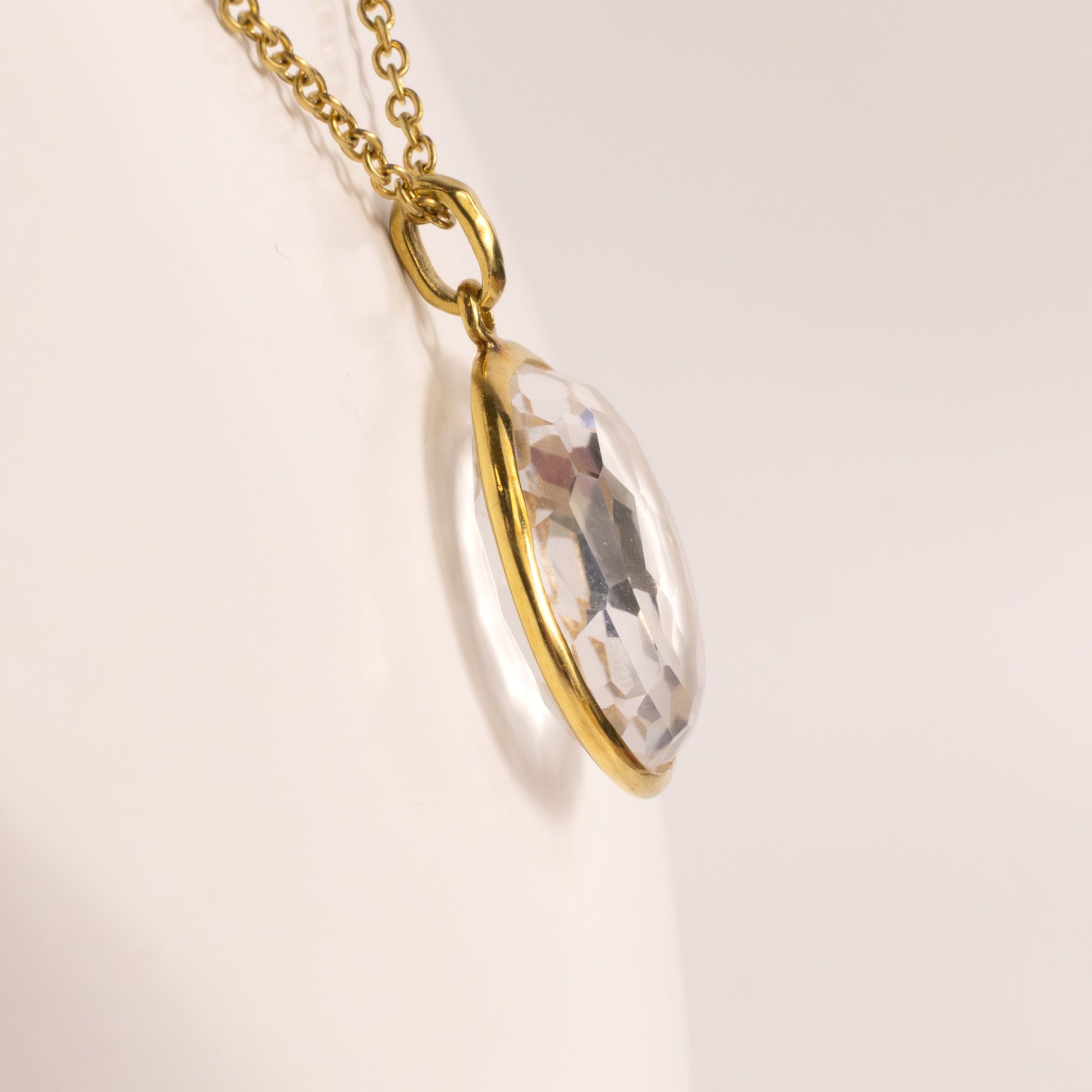 18KYG White Quartz Round Faceted Bezel Set Necklace