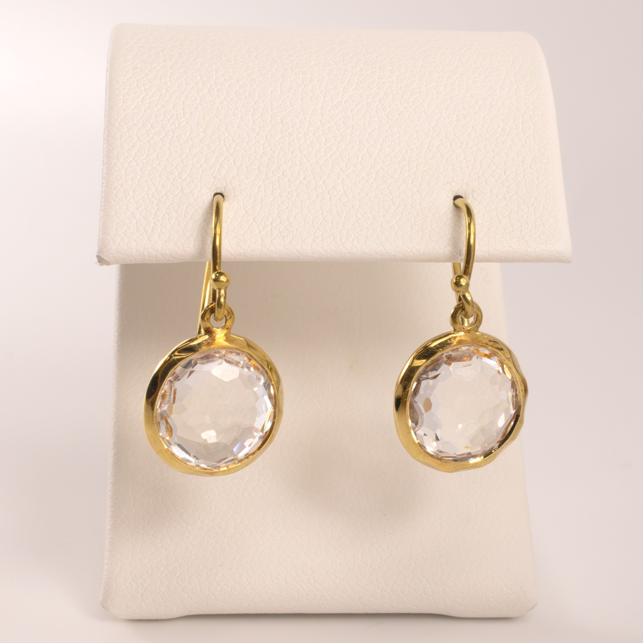 18KYG White Quartz Round Faceted Bezel Set Dangle Earrings