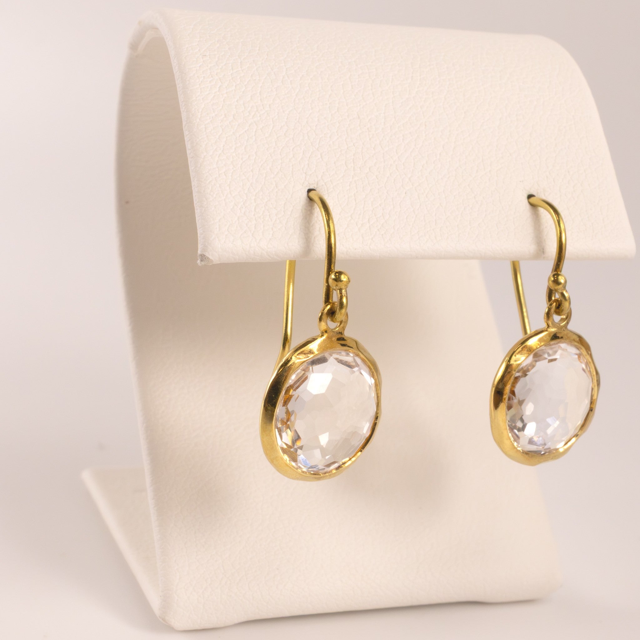 18KYG White Quartz Round Faceted Bezel Set Dangle Earrings