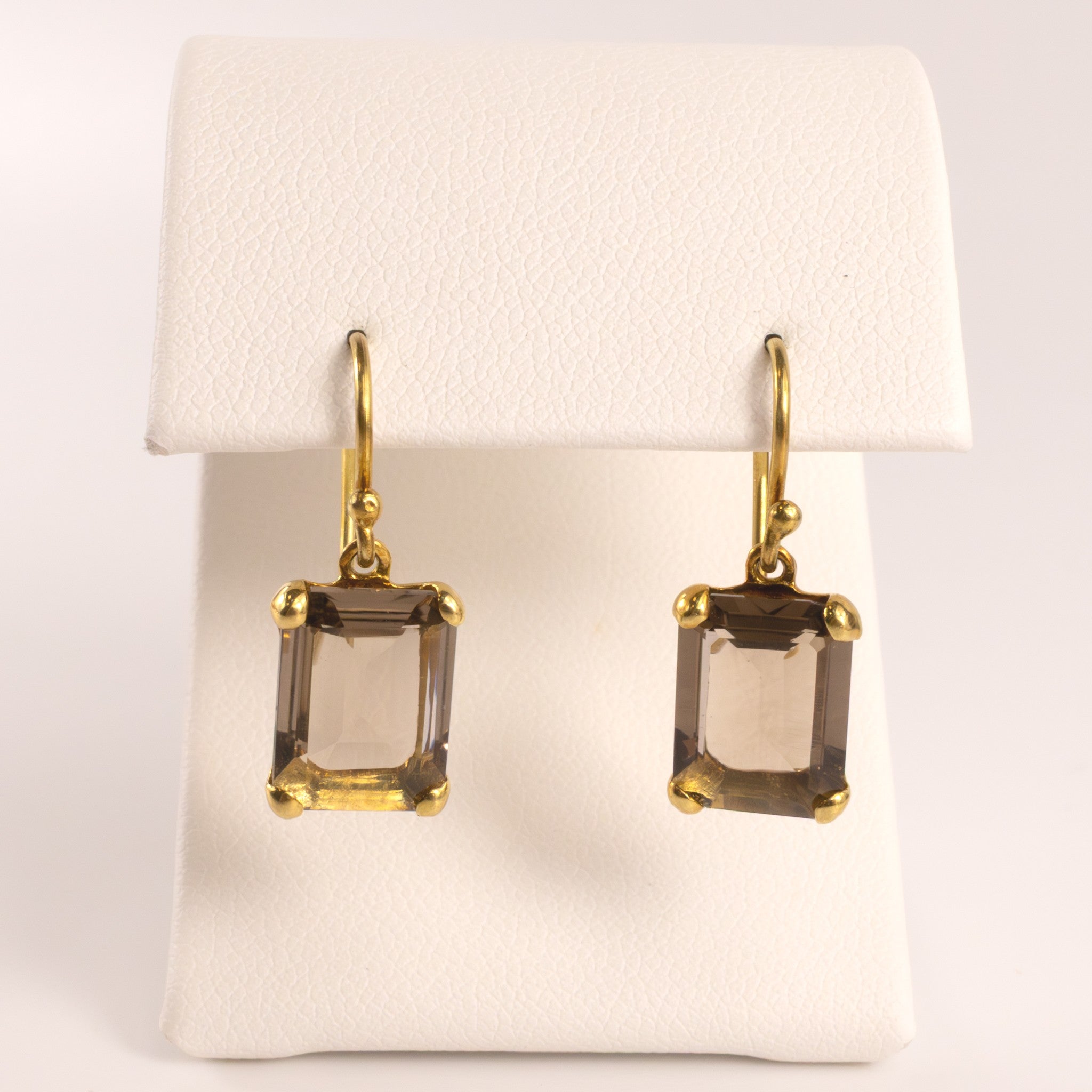 18KYG Smoky Quartz Emerald Cut Dangle Earrings