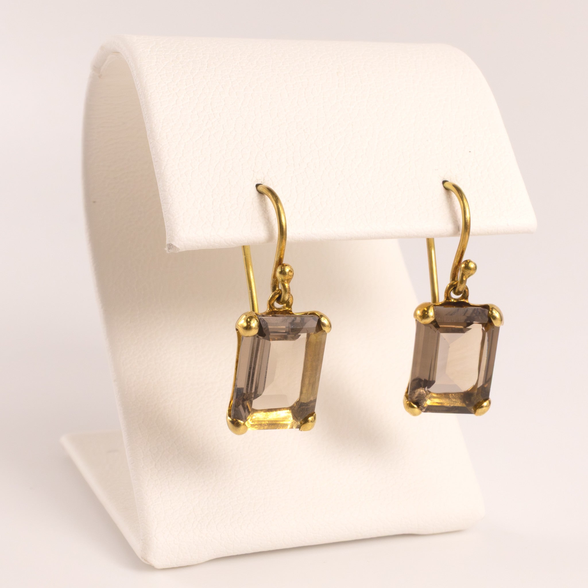 18KYG Smoky Quartz Emerald Cut Dangle Earrings