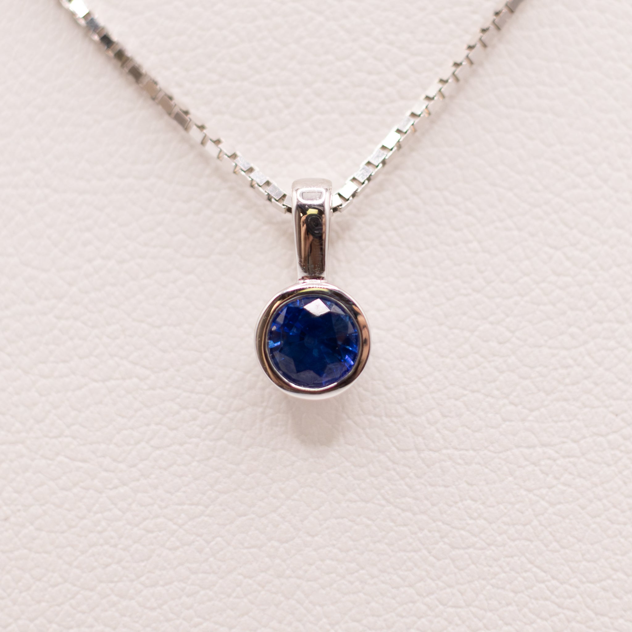 14KWG Blue Sapphire Bezel Set Pendant