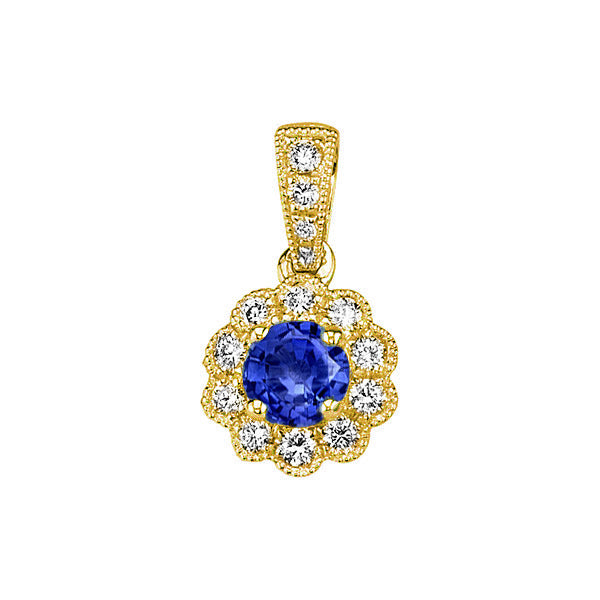 14KYG Blue Sapphire and Diamond Flower Halo Pendant