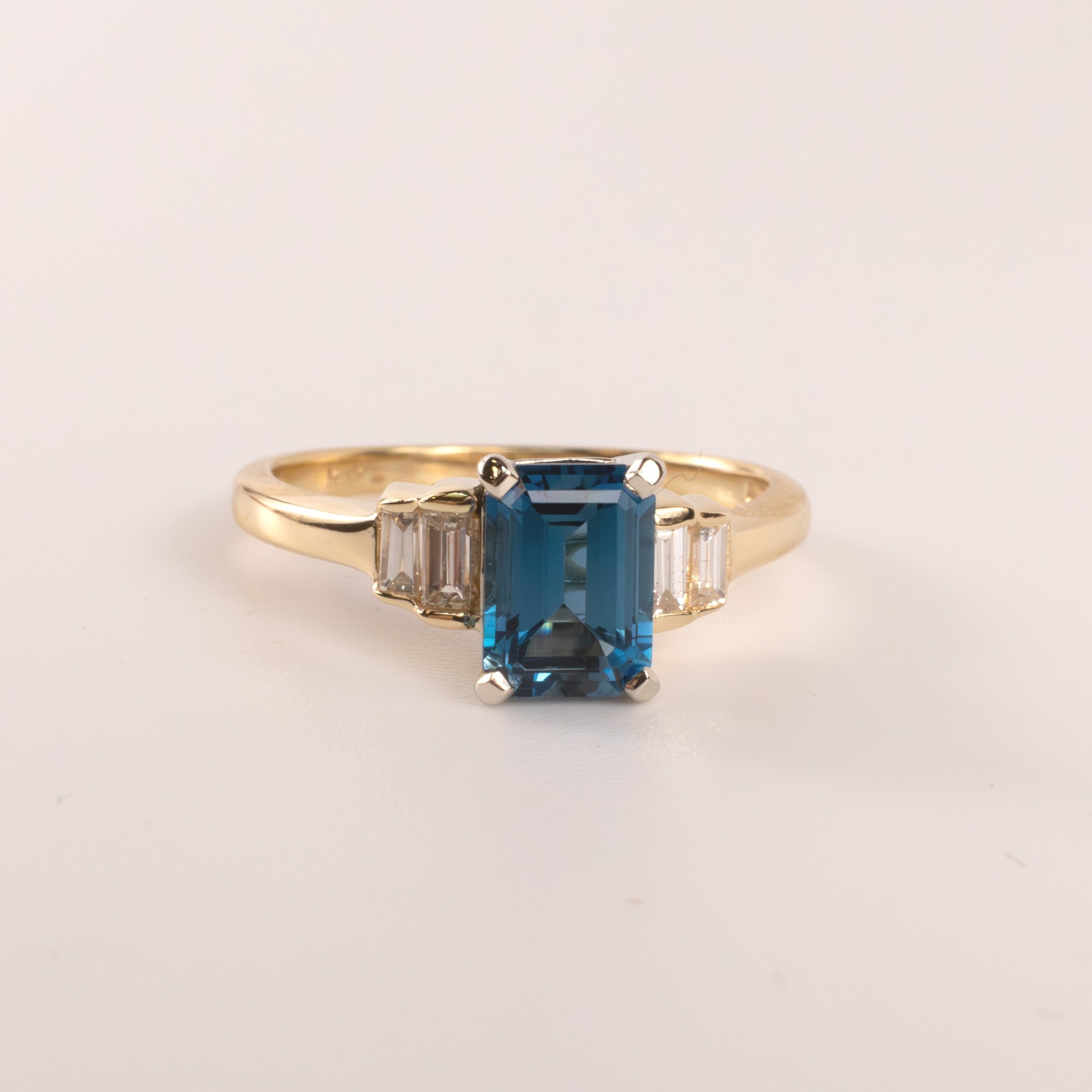 14KYG London Blue Topaz Emerald Cut and Diamond Baguettes Ring
