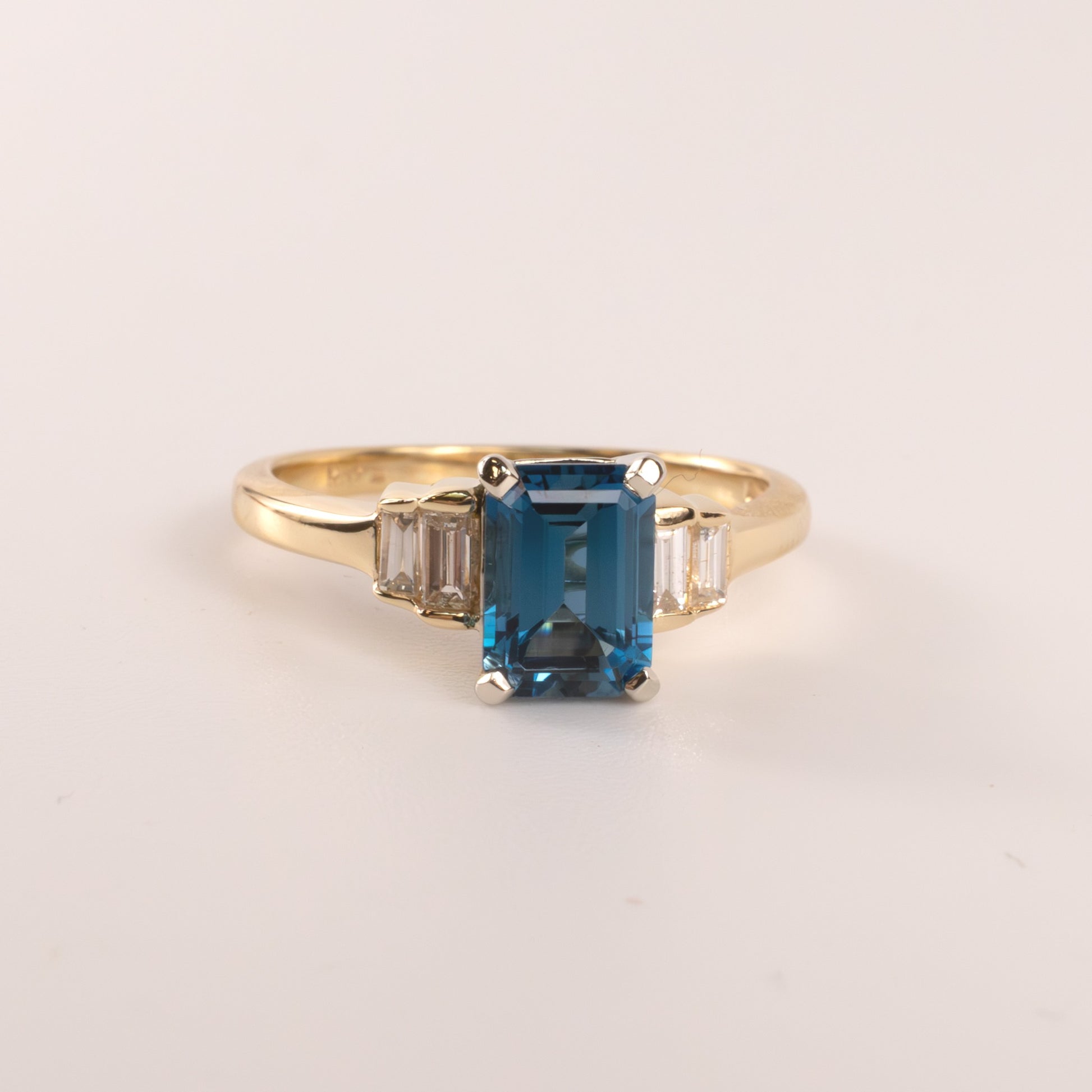 14KYG London Blue Topaz Emerald Cut and Diamond Baguettes Ring