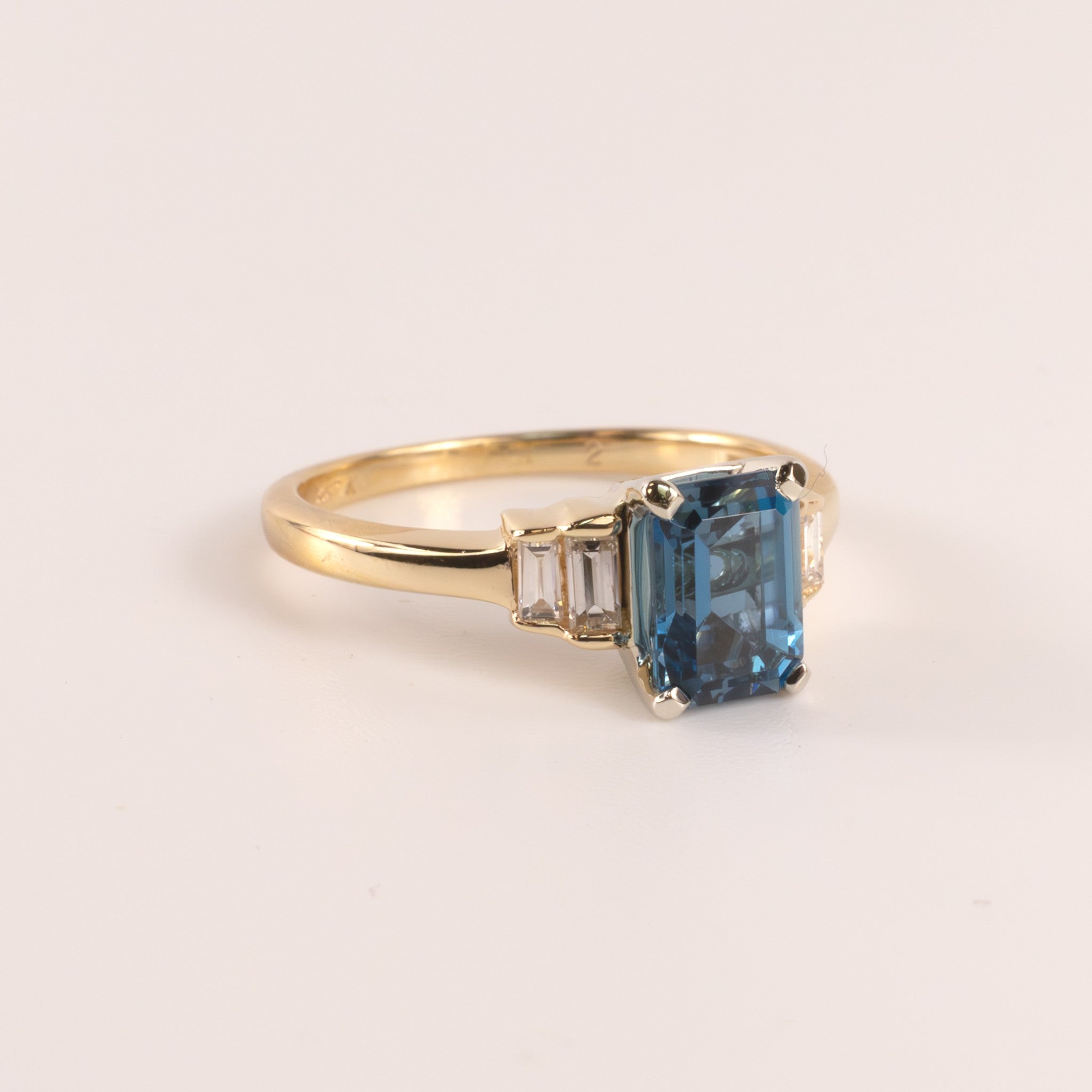 14KYG London Blue Topaz Emerald Cut and Diamond Baguettes Ring