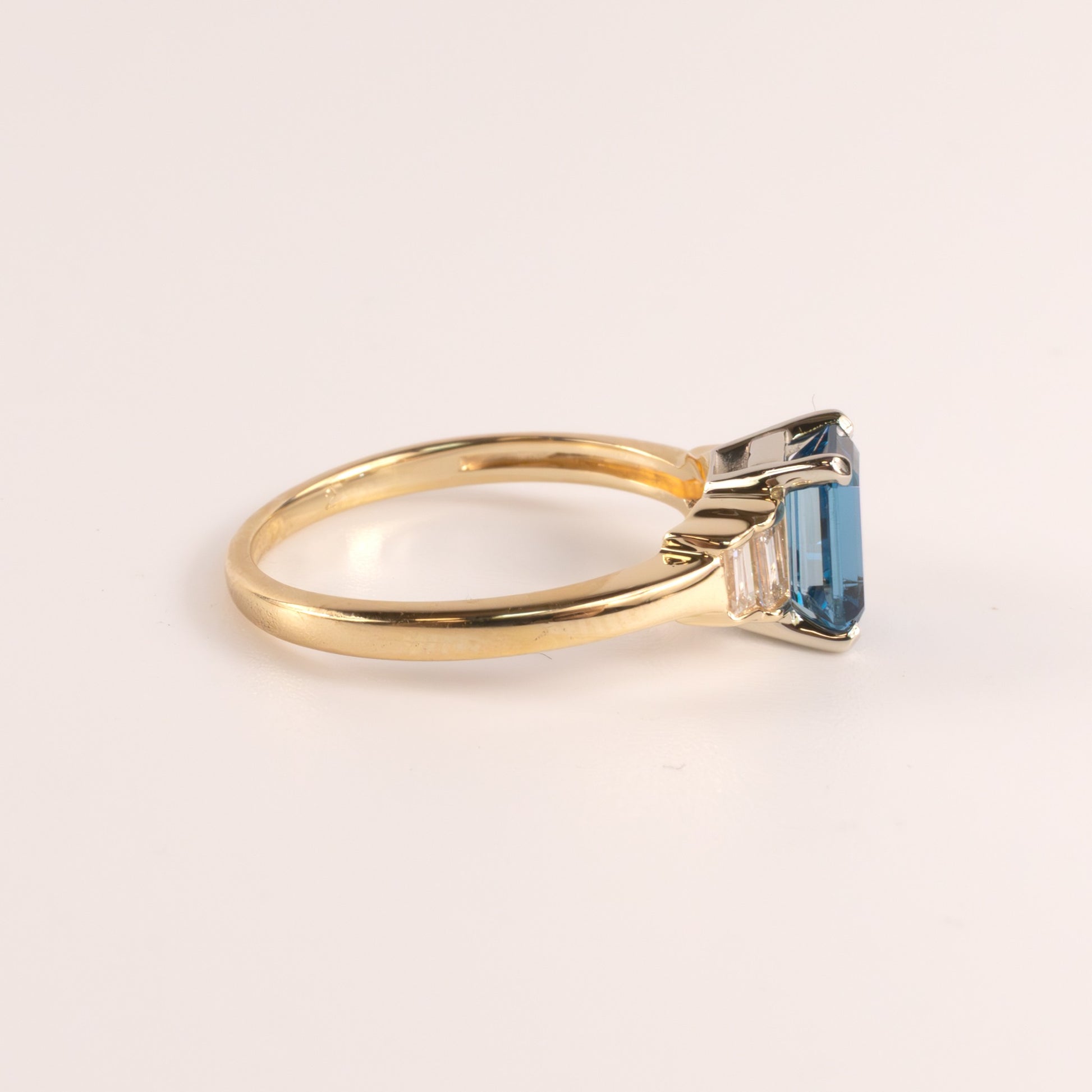 14KYG London Blue Topaz Emerald Cut and Diamond Baguettes Ring