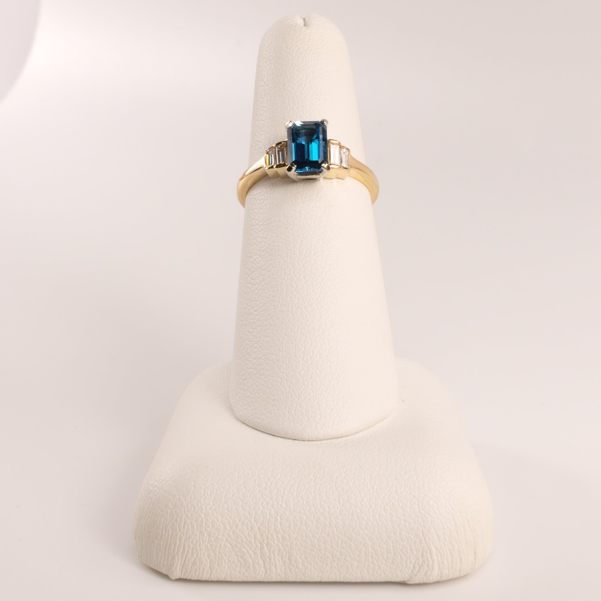 14KYG London Blue Topaz Emerald Cut and Diamond Baguettes Ring