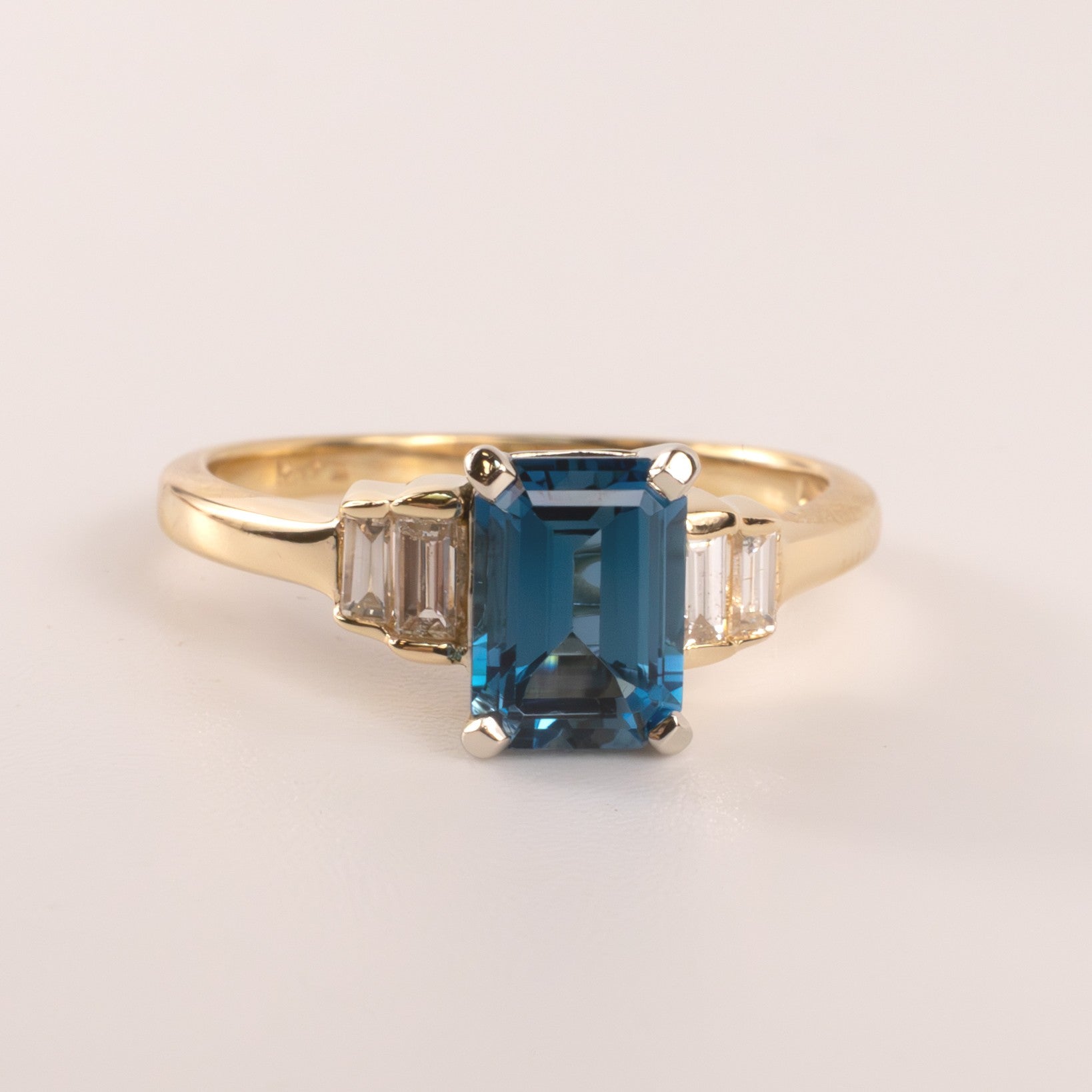 14KYG London Blue Topaz Emerald Cut and Diamond Baguettes Ring