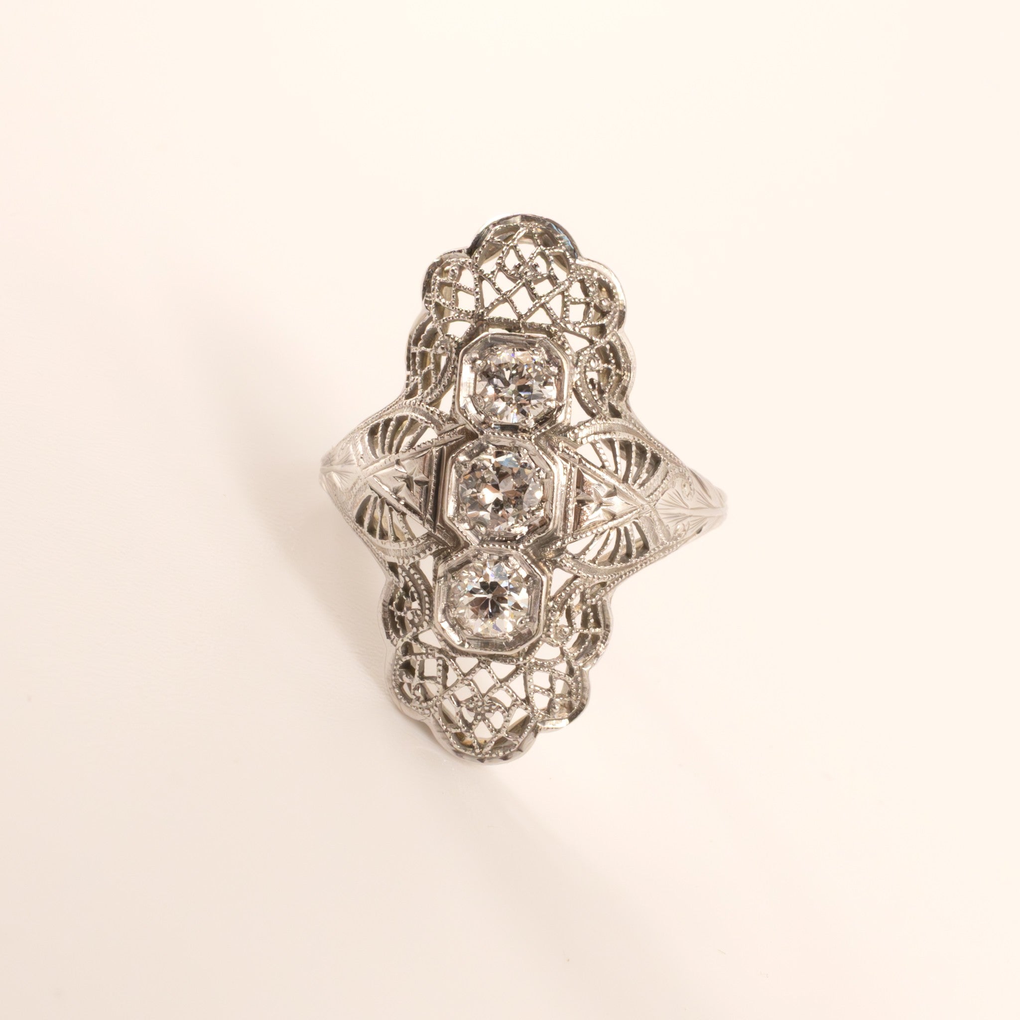 14KWG Antique Diamond Three-Stone Filigree Shield Ring