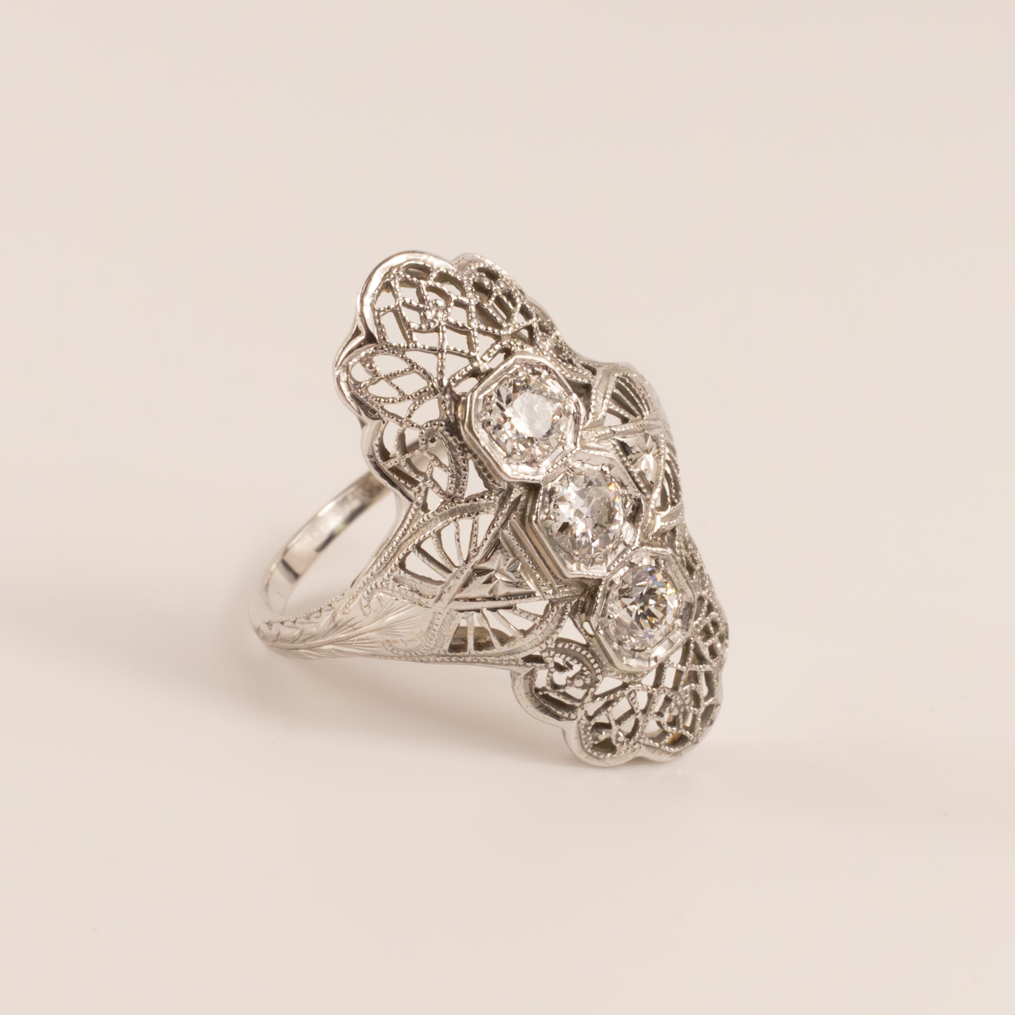 14KWG Antique Diamond Three-Stone Filigree Shield Ring