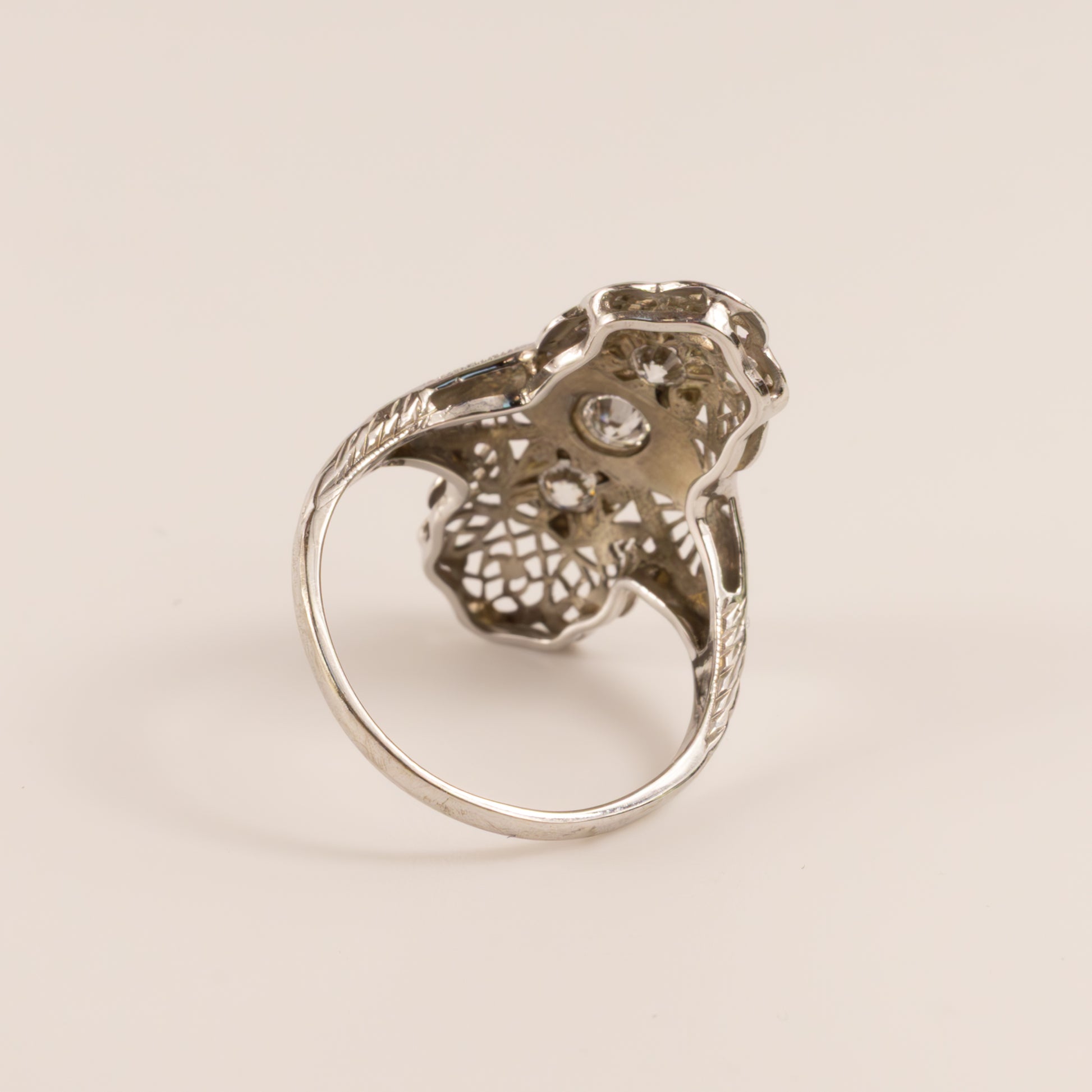 14KWG Antique Diamond Three-Stone Filigree Shield Ring