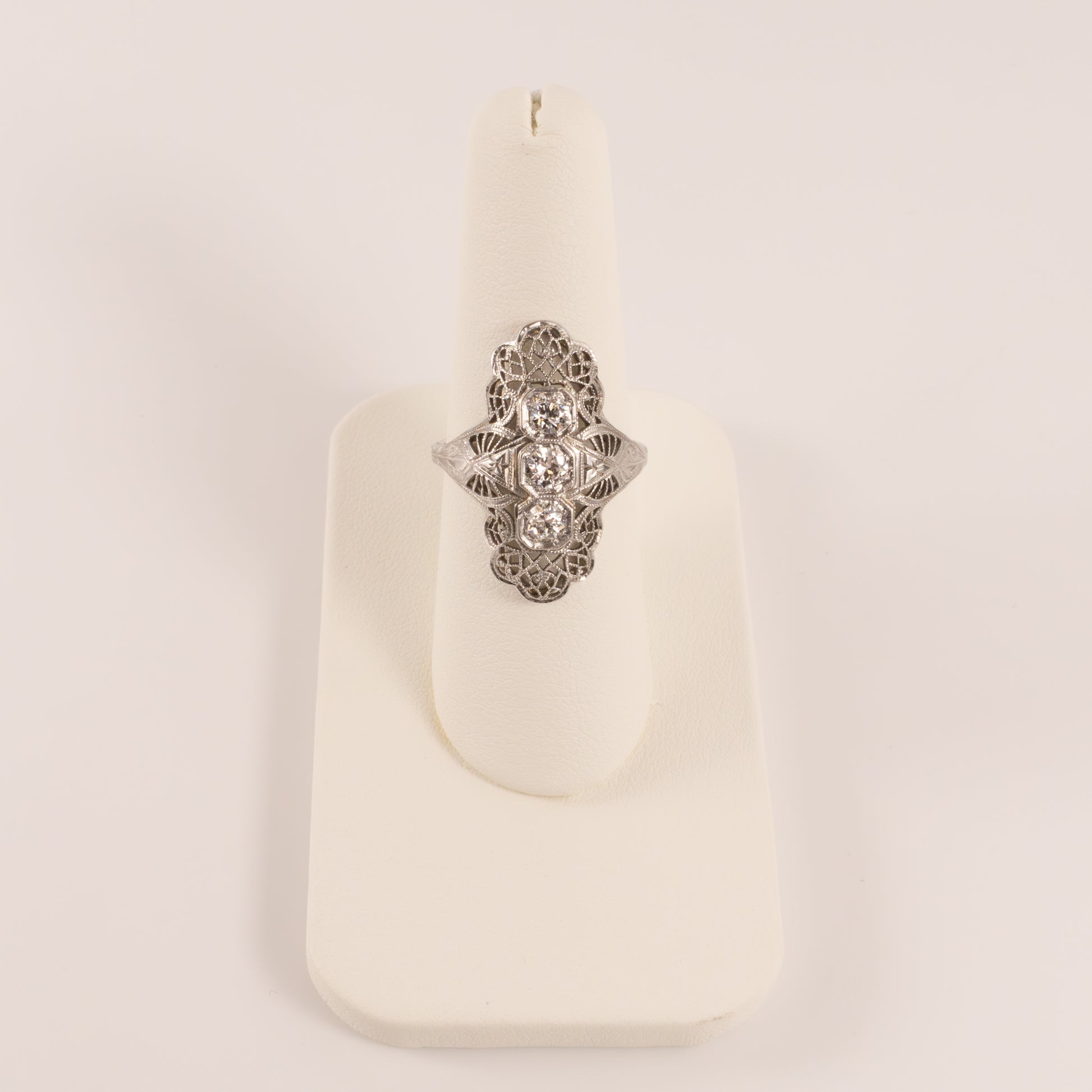 14KWG Antique Diamond Three-Stone Filigree Shield Ring