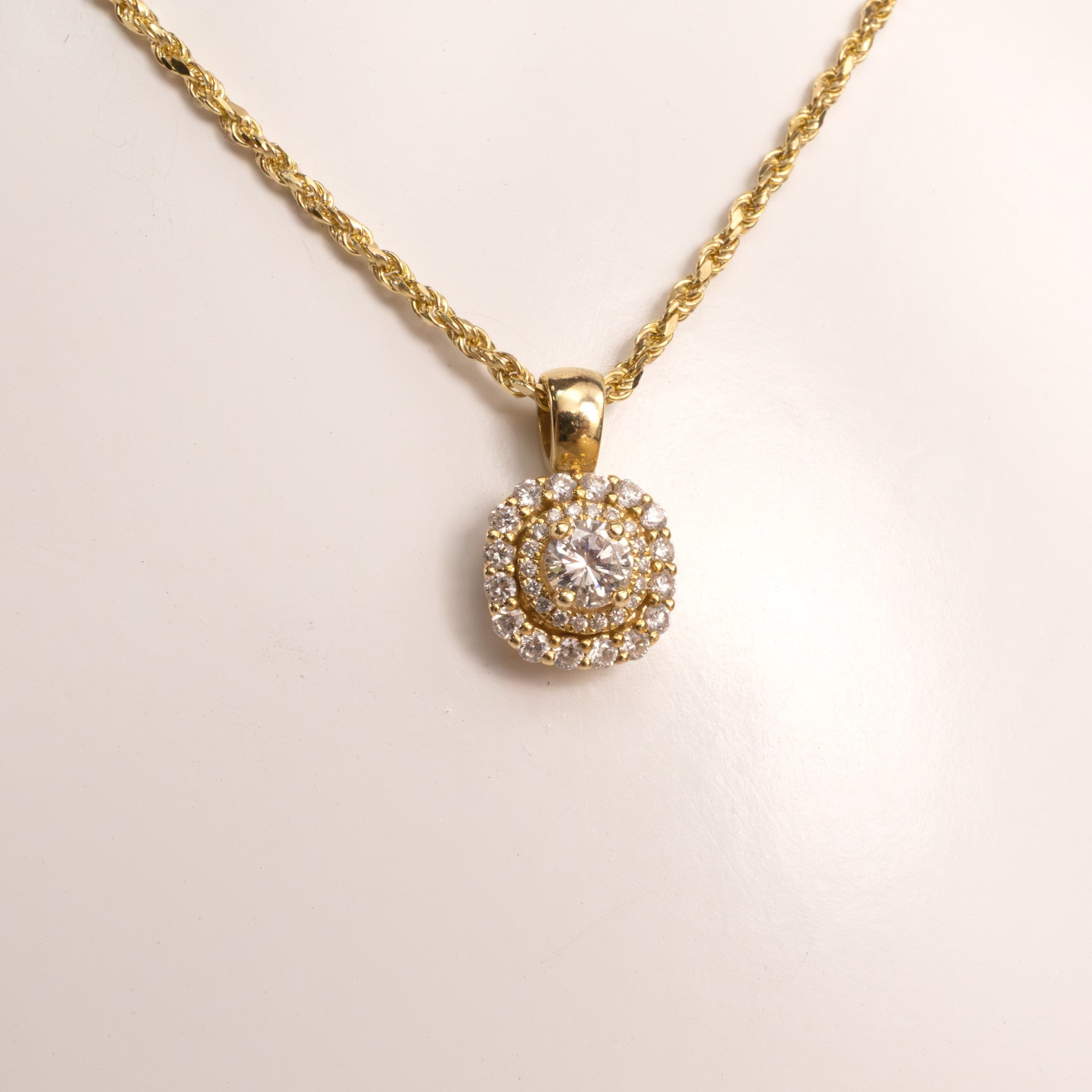 14KYG Diamond with Double Diamond Halo Pendant