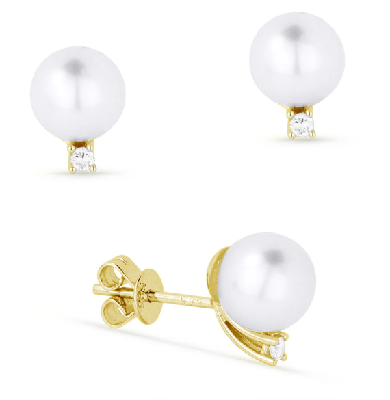 14KYG Pearl and Diamond Stud Earrings