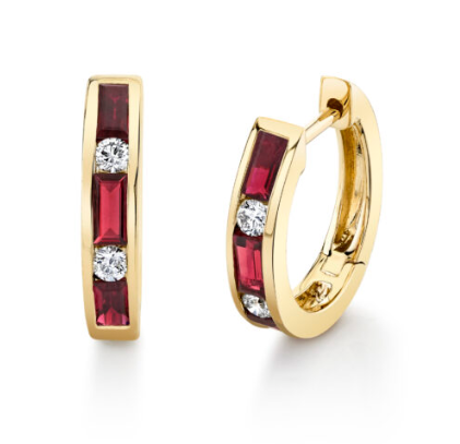 14KYG Ruby and Diamond Channel Set Huggie Hoop Earrings