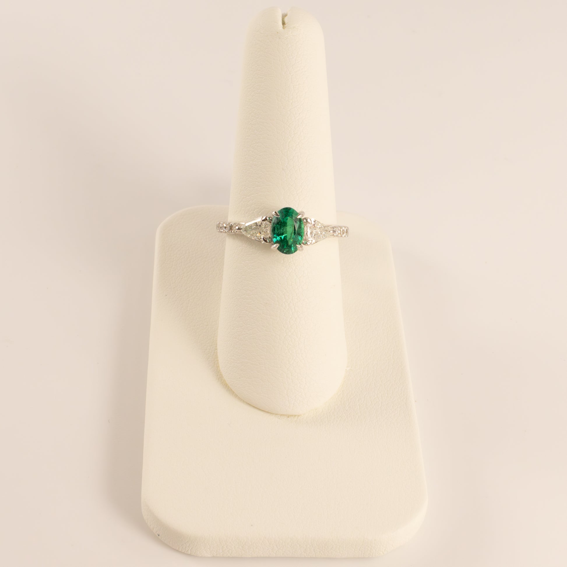 14KWG Emerald Oval  and Diamond Shield Cut Accented Ring