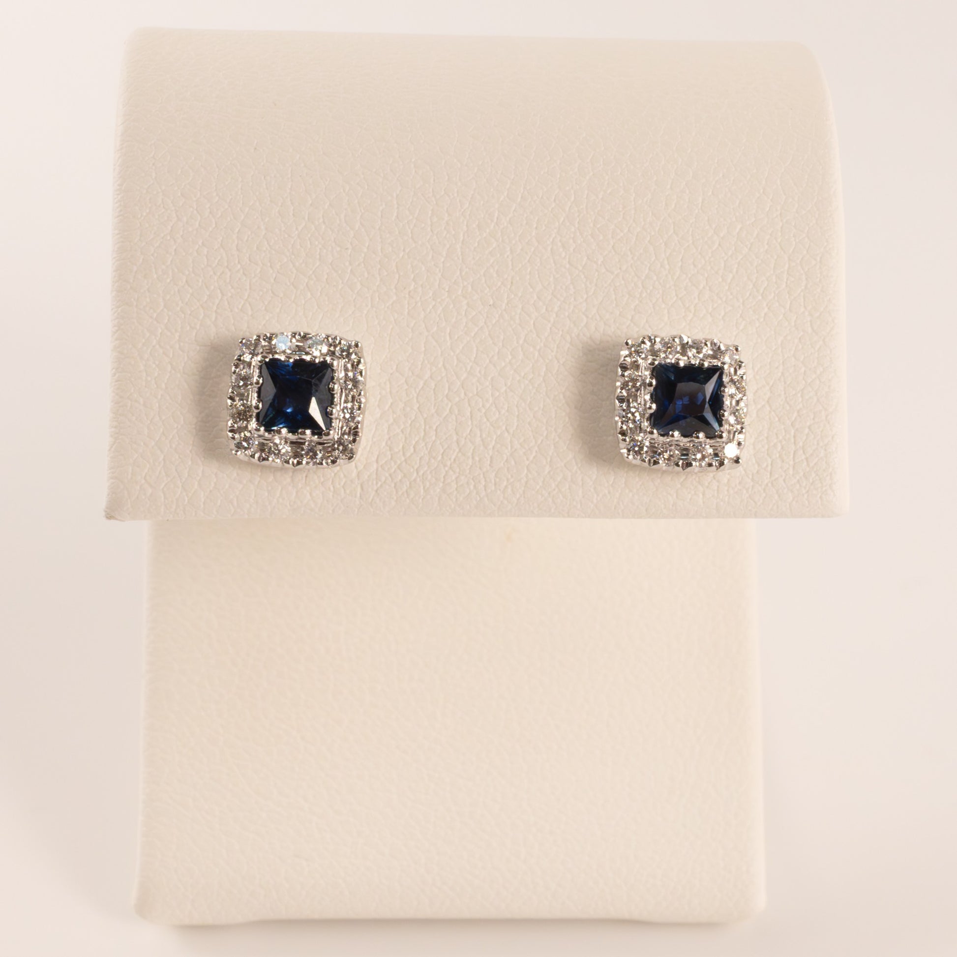 18KWG Blue Sapphire and Diamond Square Stud Earrings