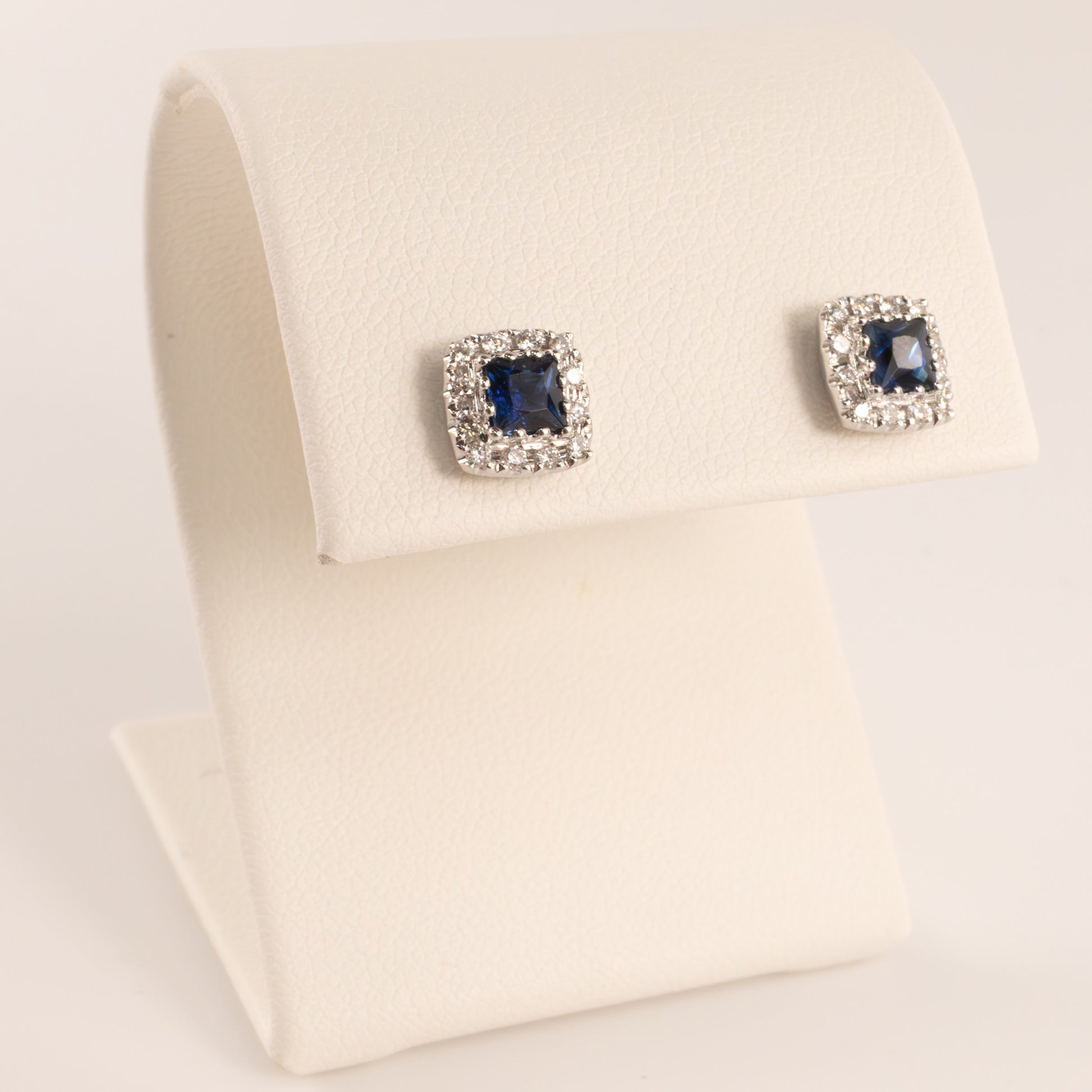 18KWG Blue Sapphire and Diamond Square Stud Earrings