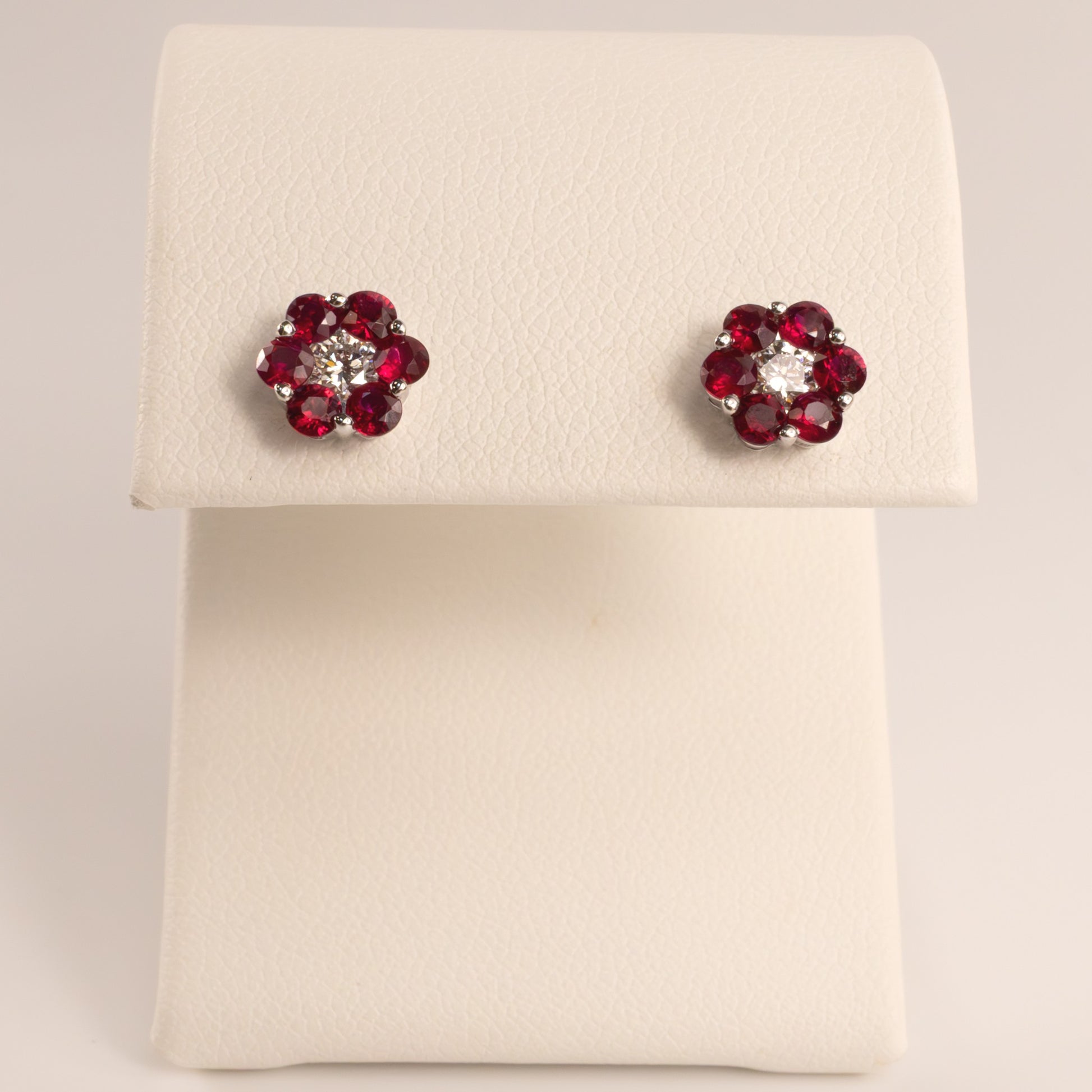 18KWG Ruby and Diamond Flower Cluster Stud Earrings
