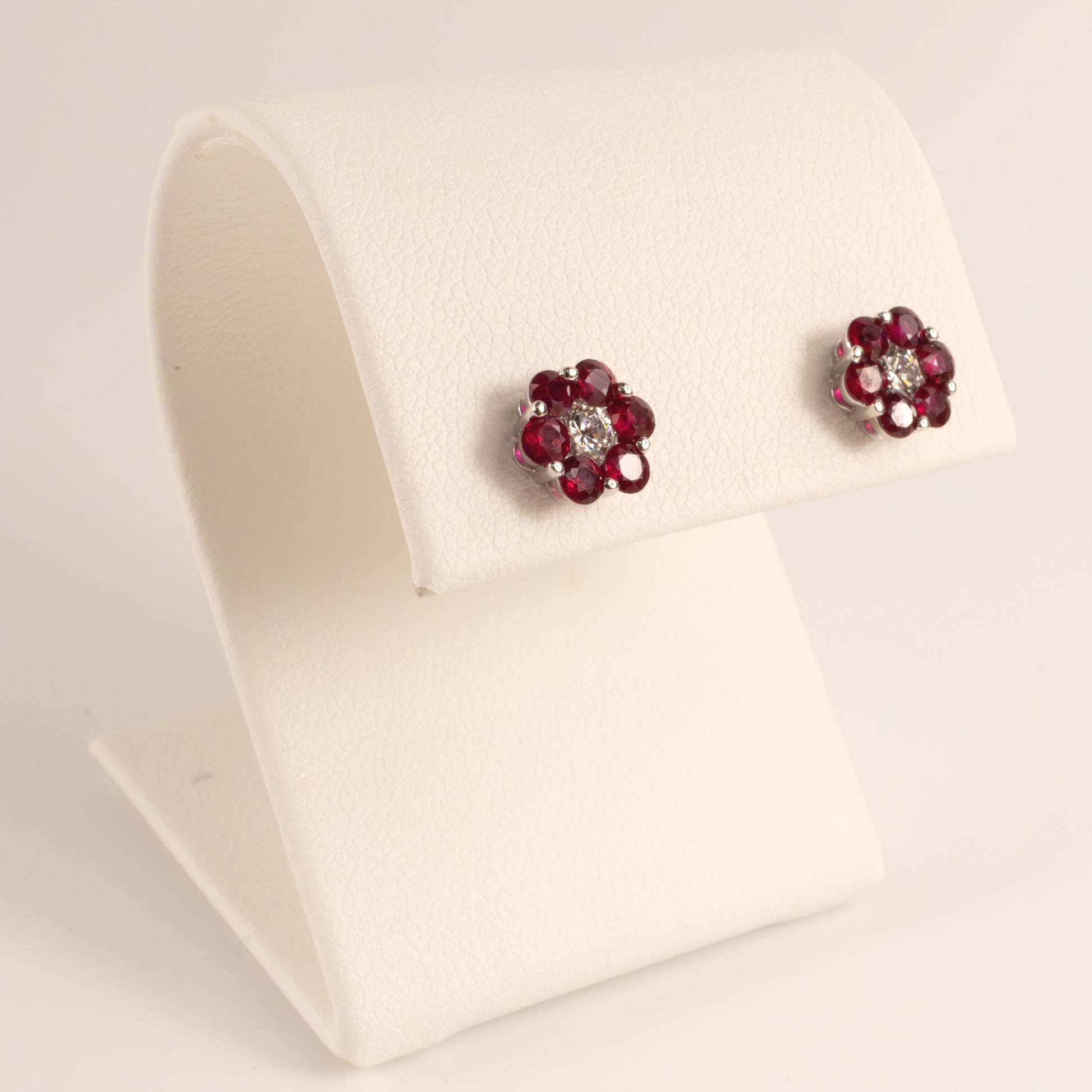 18KWG Ruby and Diamond Flower Cluster Stud Earrings