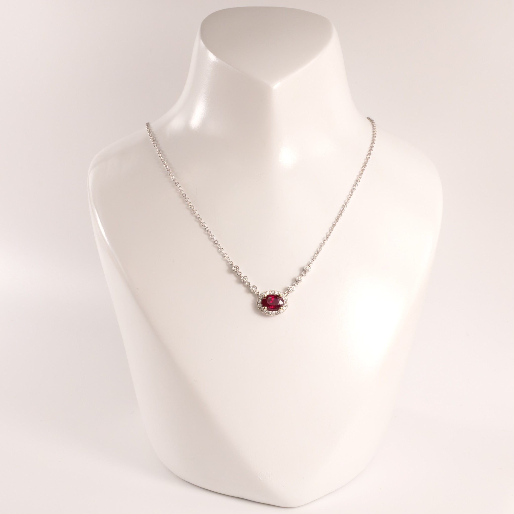 18KWG Ruby Oval and Diamond Fixed Necklace