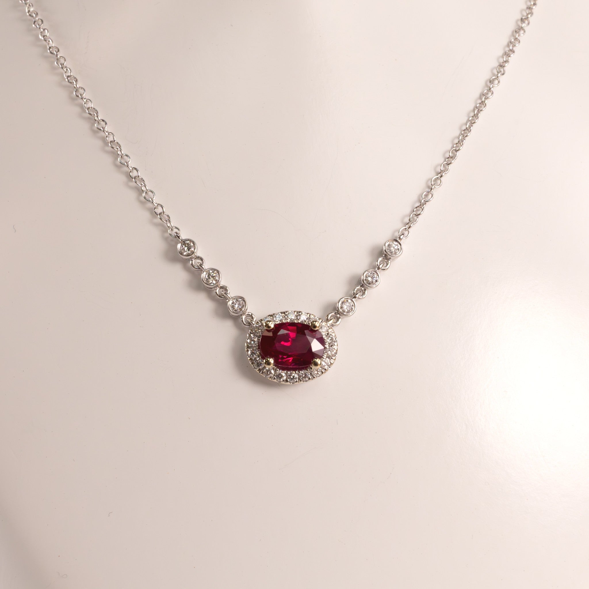 18KWG Ruby Oval and Diamond Fixed Necklace