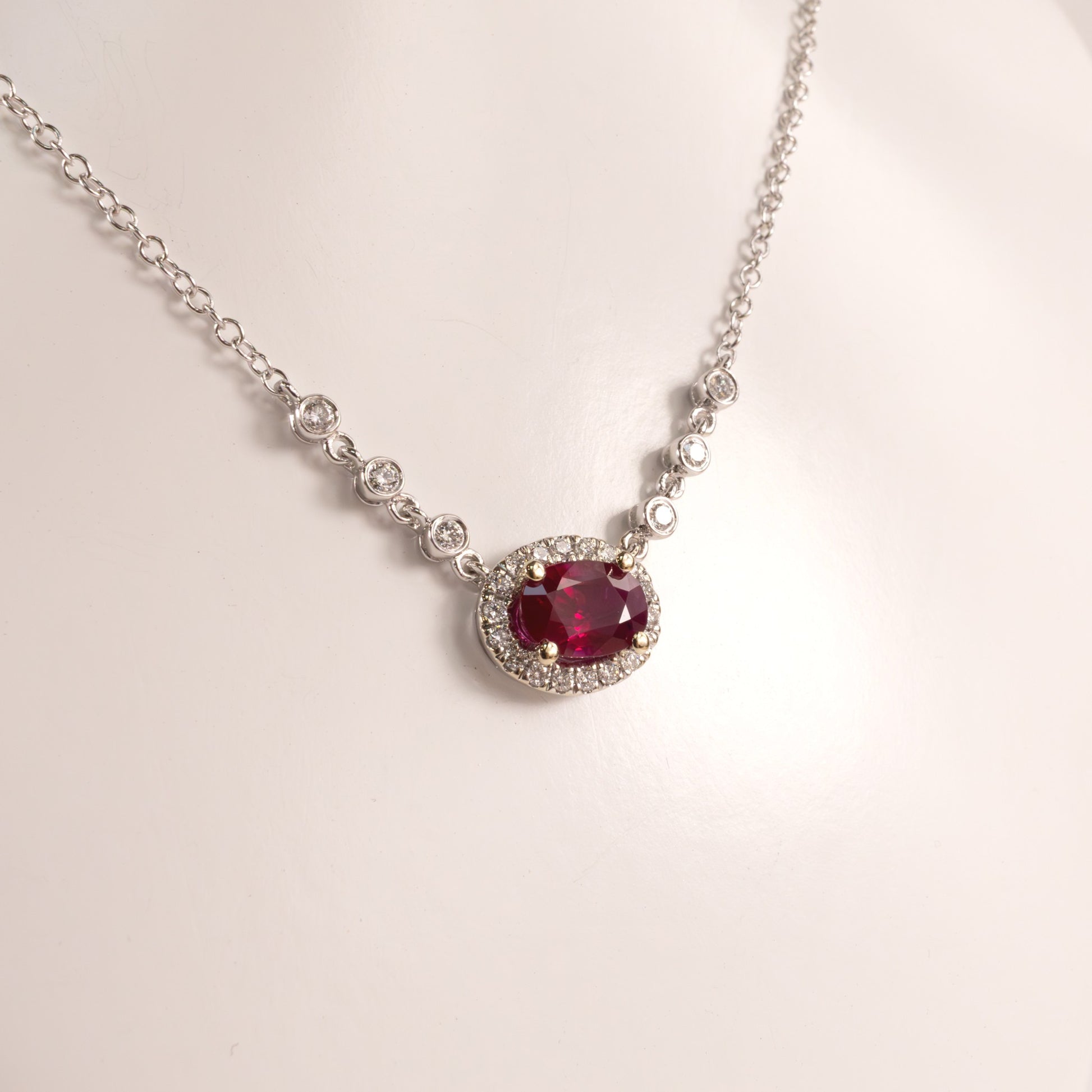 18KWG Ruby Oval and Diamond Fixed Necklace