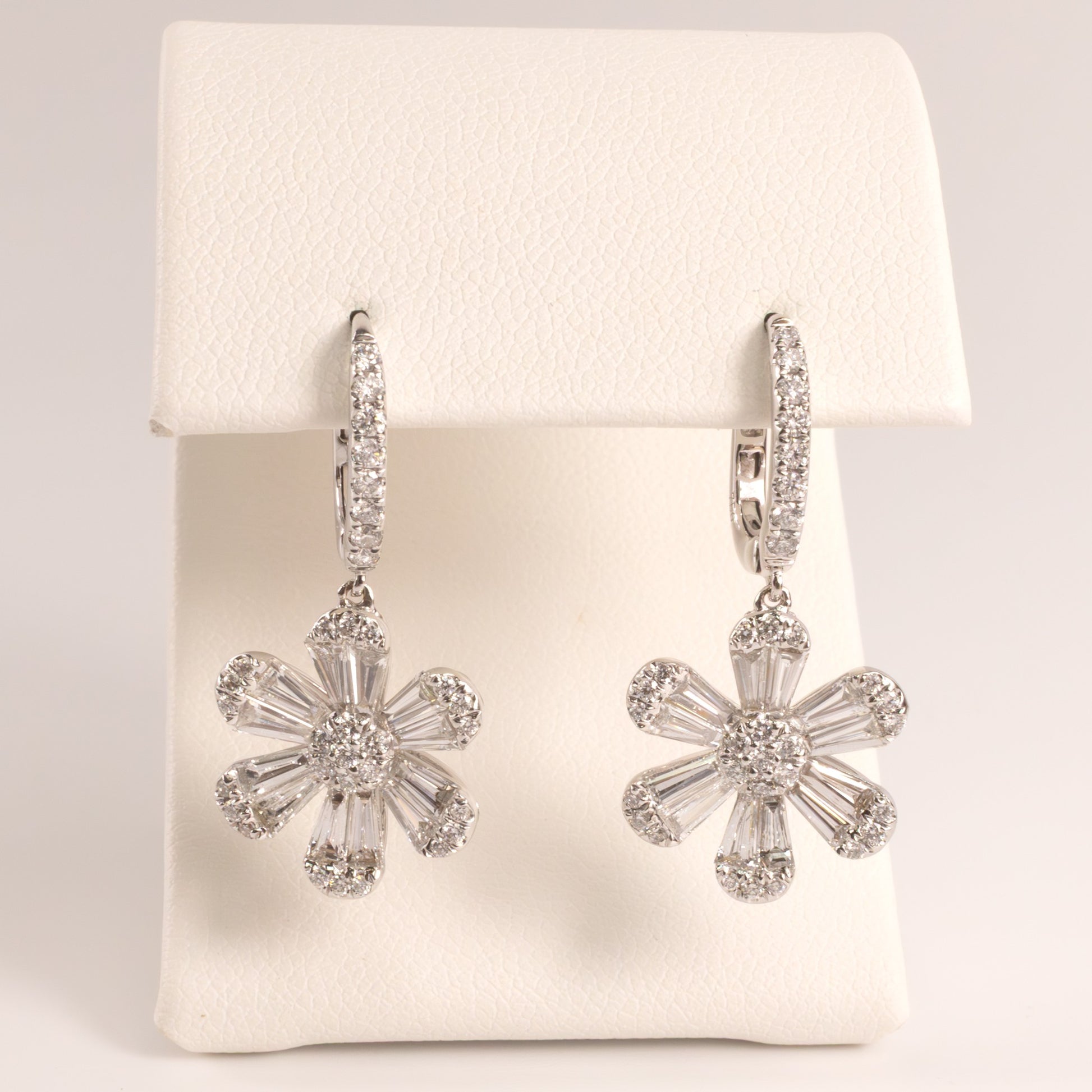 18KWG Diamond Daisy Flower Drop Earrings