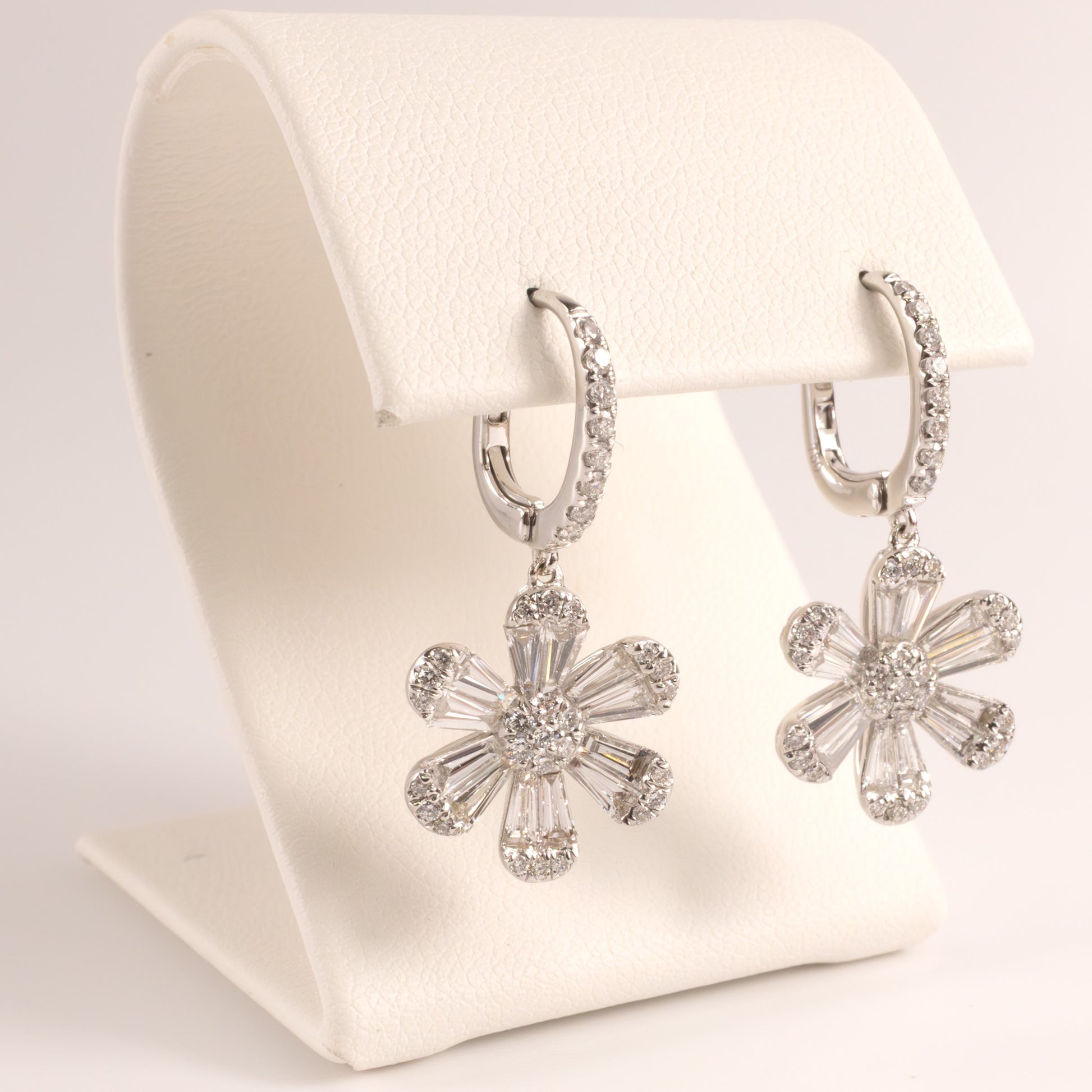 18KWG Diamond Daisy Flower Drop Earrings