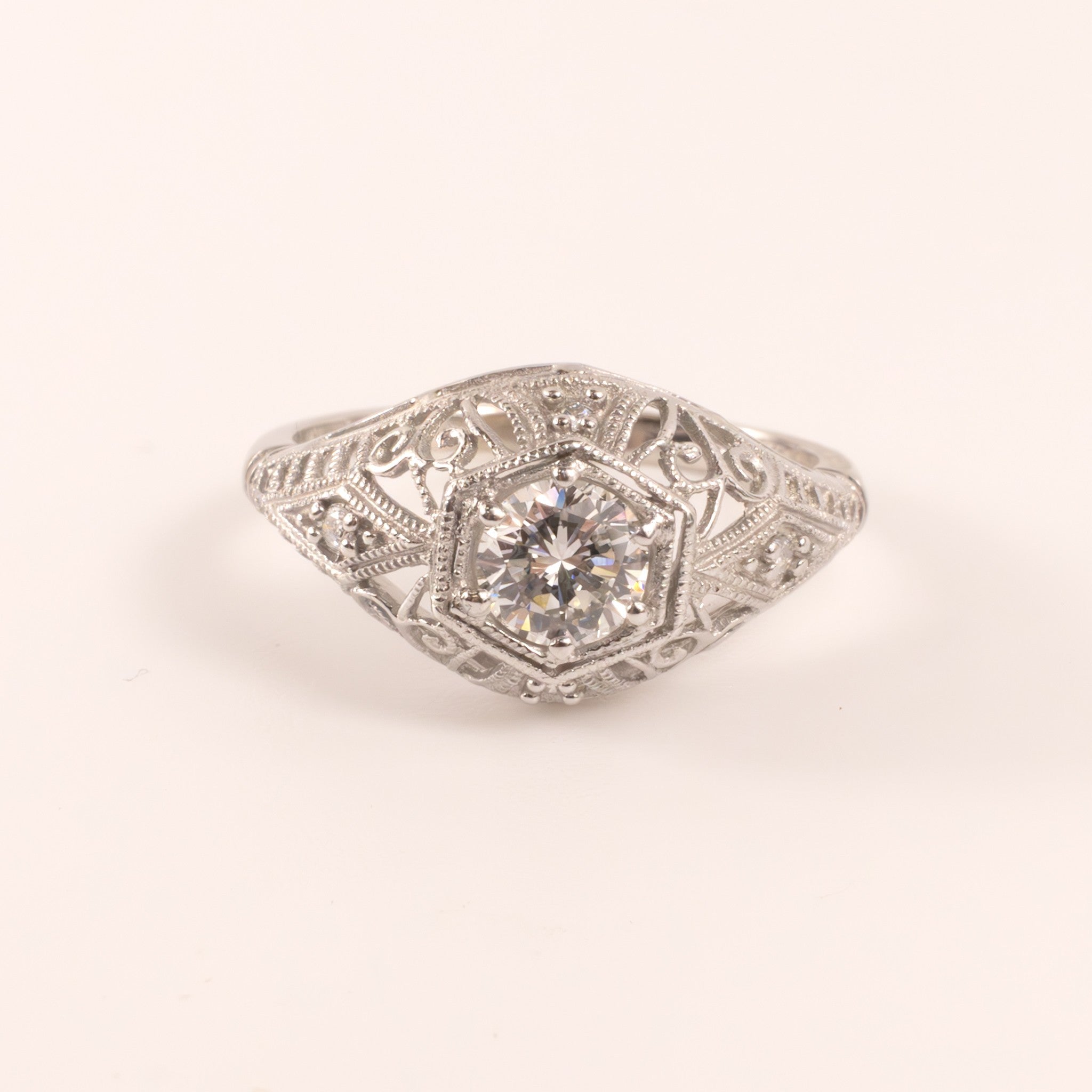 14KWG Diamond Dome Filigree Vintage Reproduction Ring