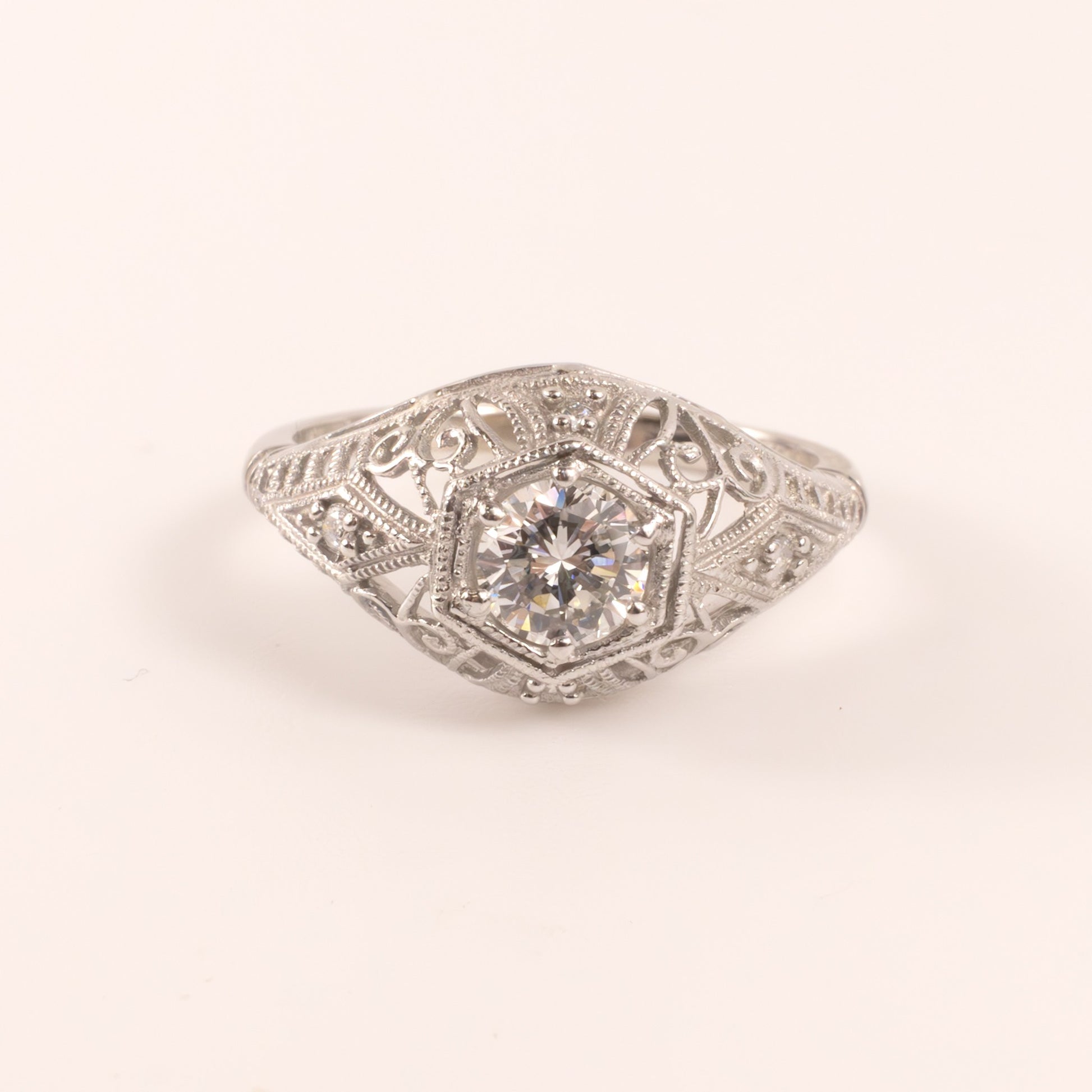 14KWG Diamond Dome Filigree Vintage Reproduction Ring