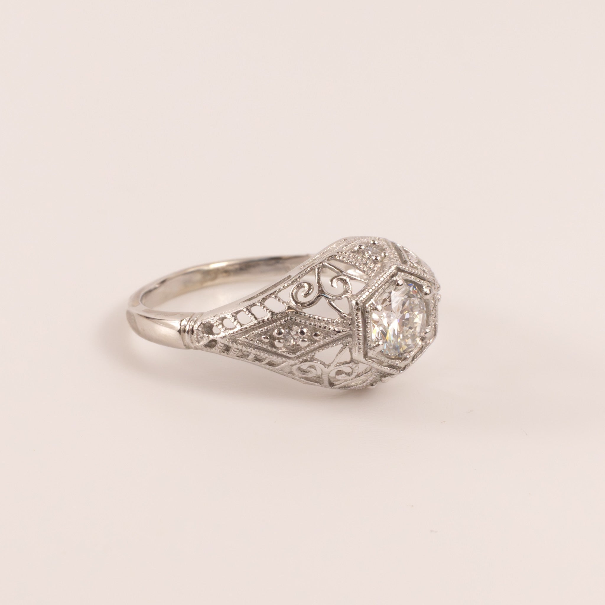14KWG Diamond Dome Filigree Vintage Reproduction Ring