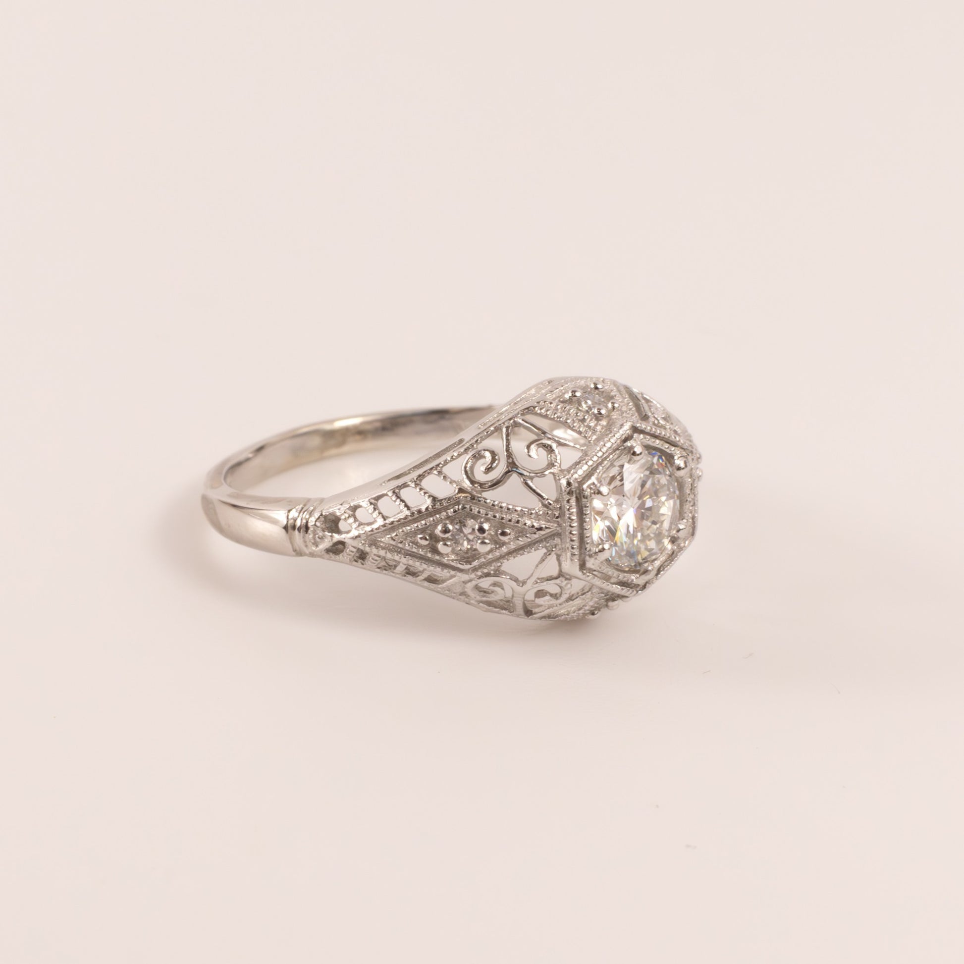 14KWG Diamond Dome Filigree Vintage Reproduction Ring