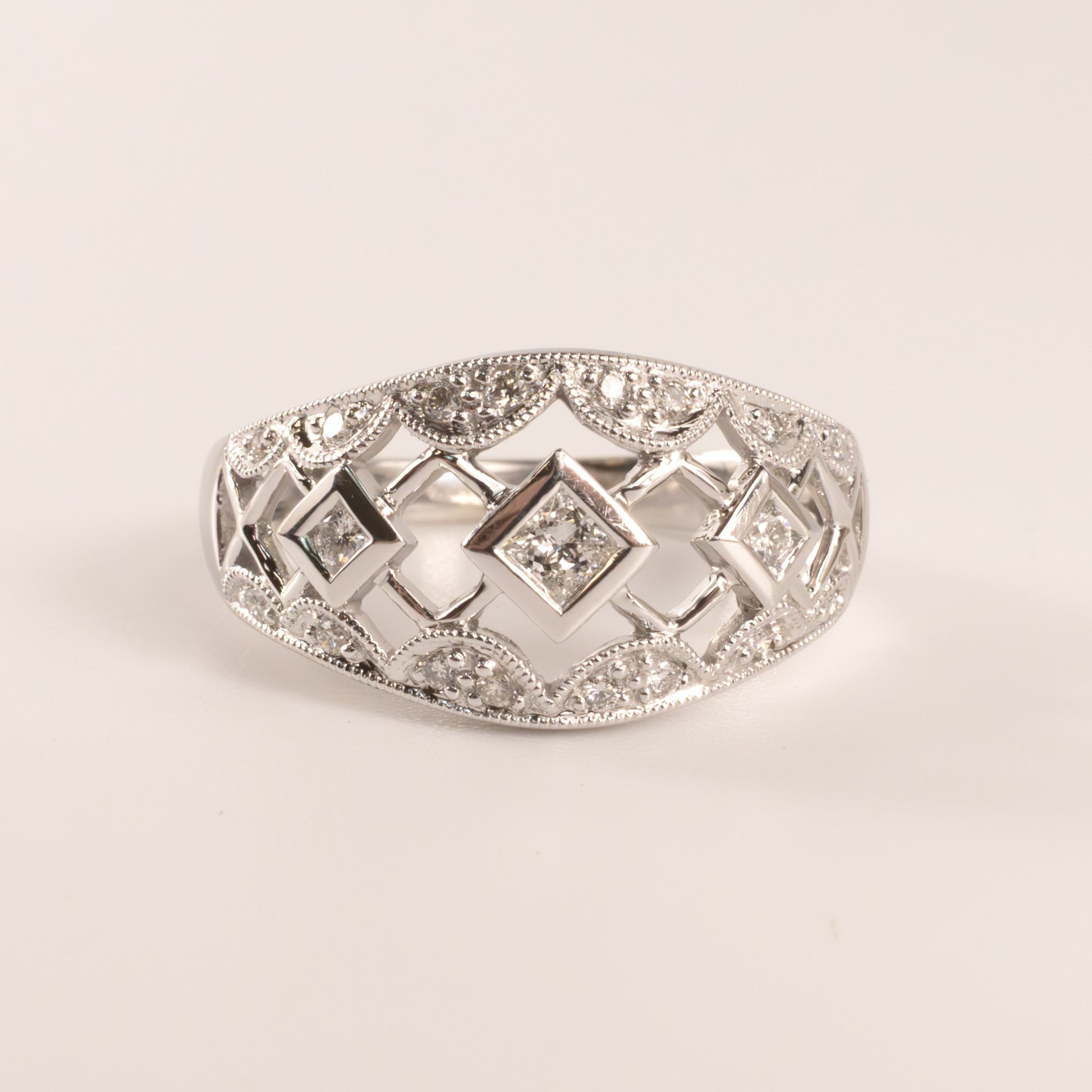 14KWG Diamond Square Bezel Scallop Accented Wide Ring