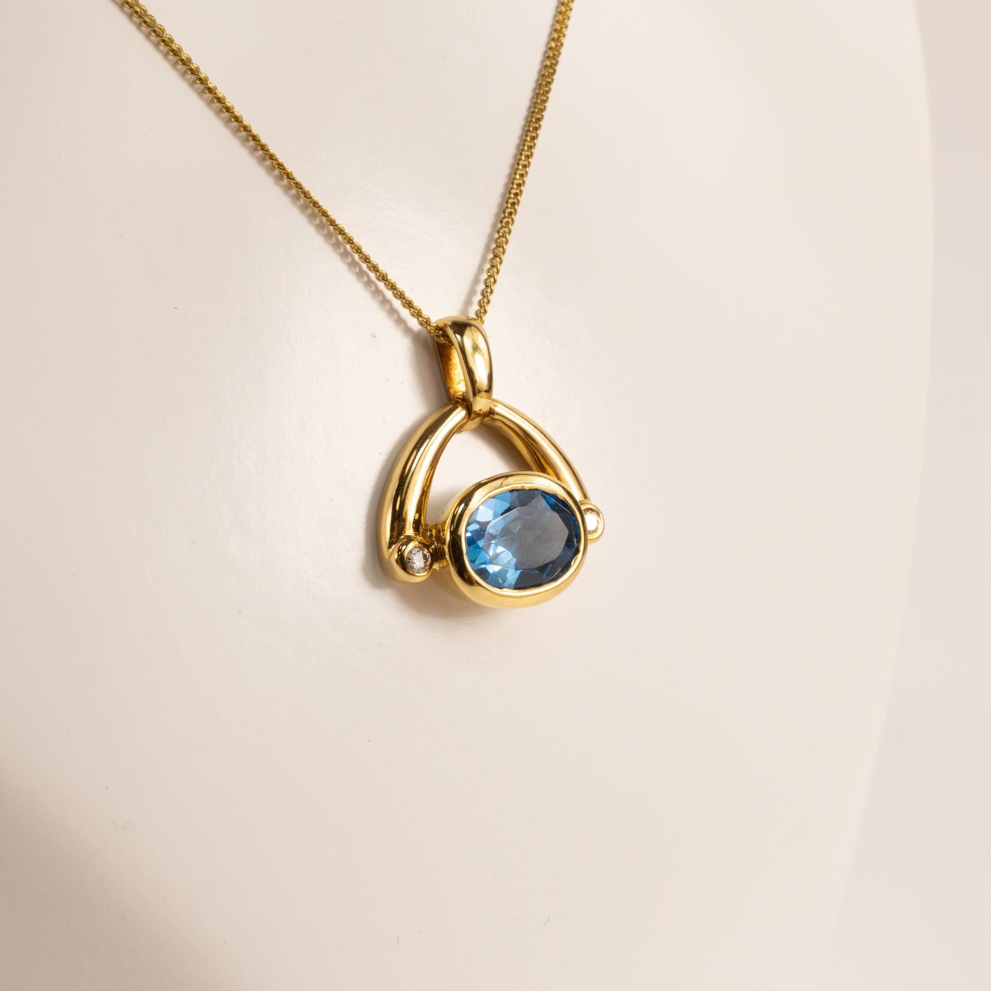 18KYG Blue Topaz Bezel Set with Diamond Accents Wishbone Necklace