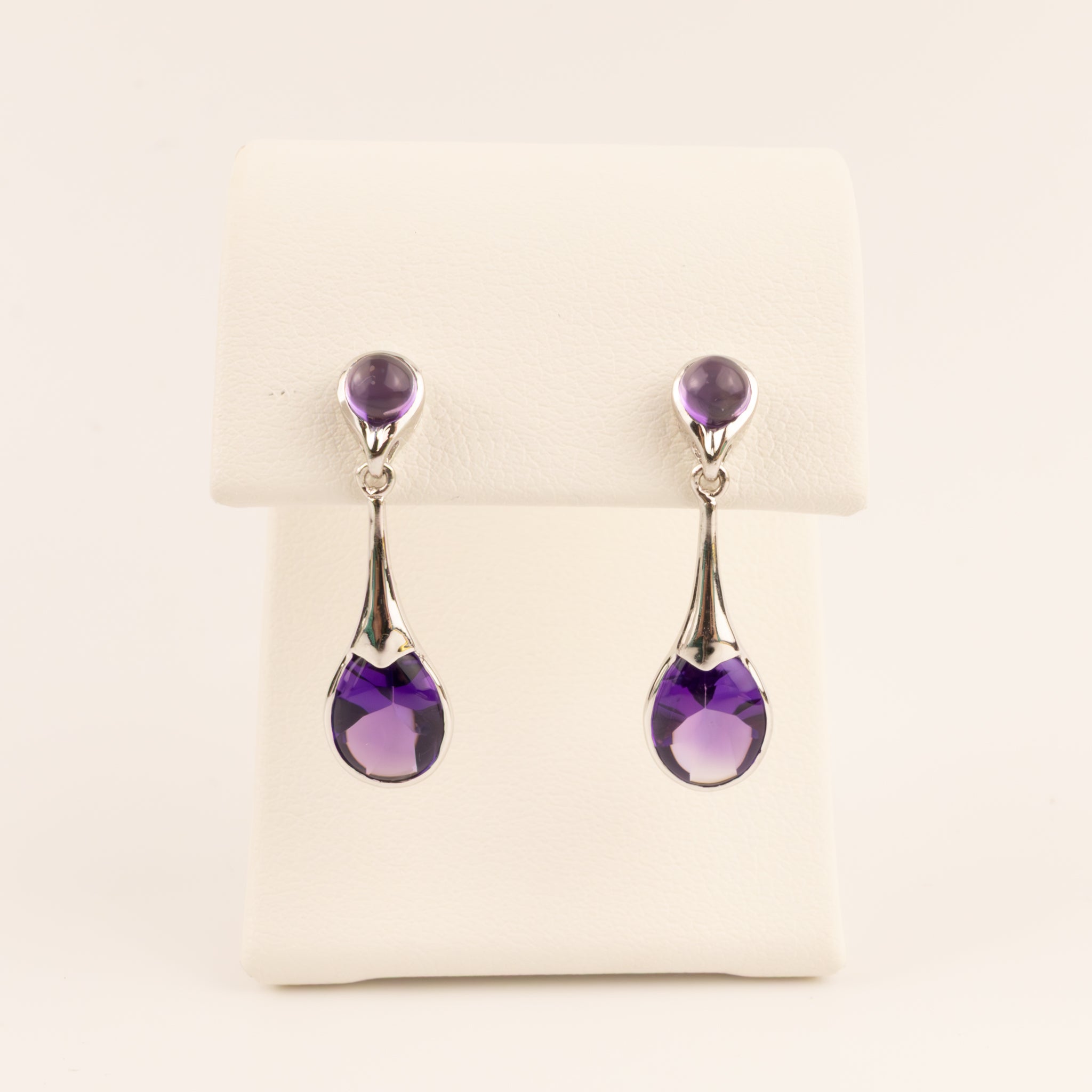 14KWG Amethyst Cabochon and Bufftop Drop Earrings