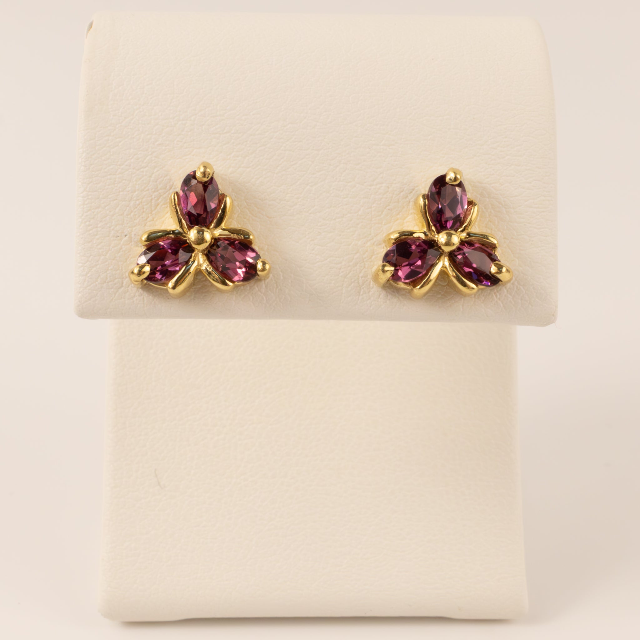 14KYG Rhodolite Garnet Three-Stone Flower Stud Earrings