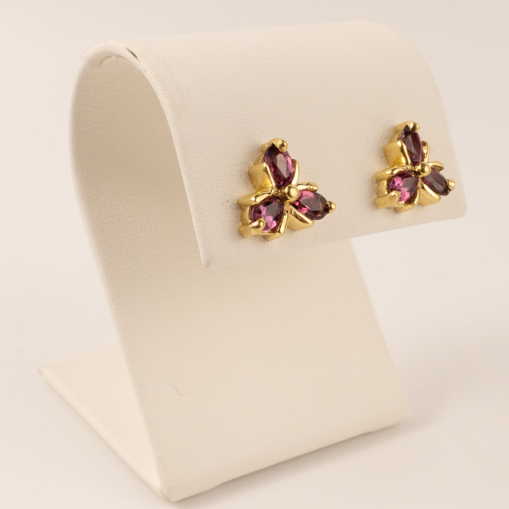 14KYG Rhodolite Garnet Three-Stone Flower Stud Earrings