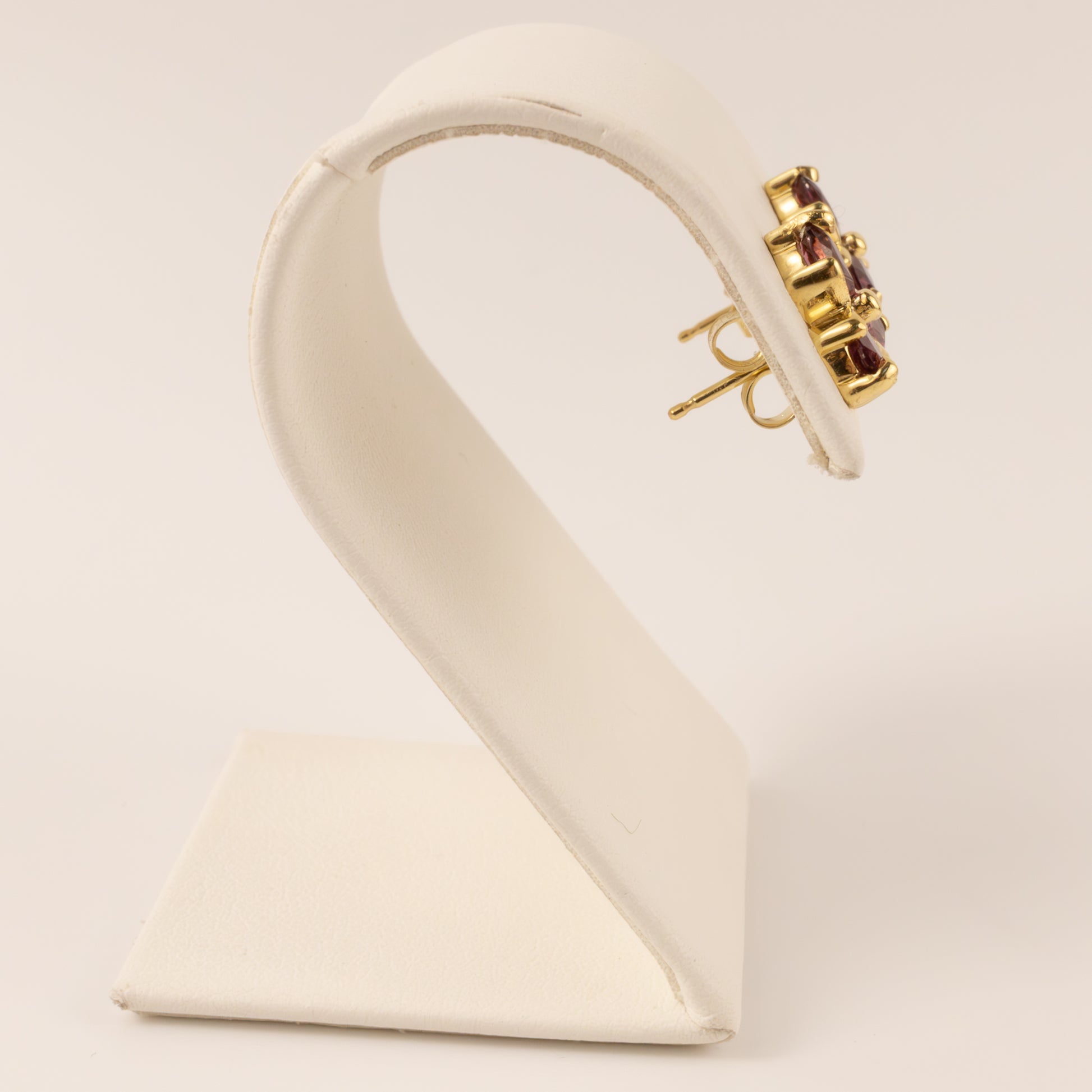 14KYG Rhodolite Garnet Three-Stone Flower Stud Earrings