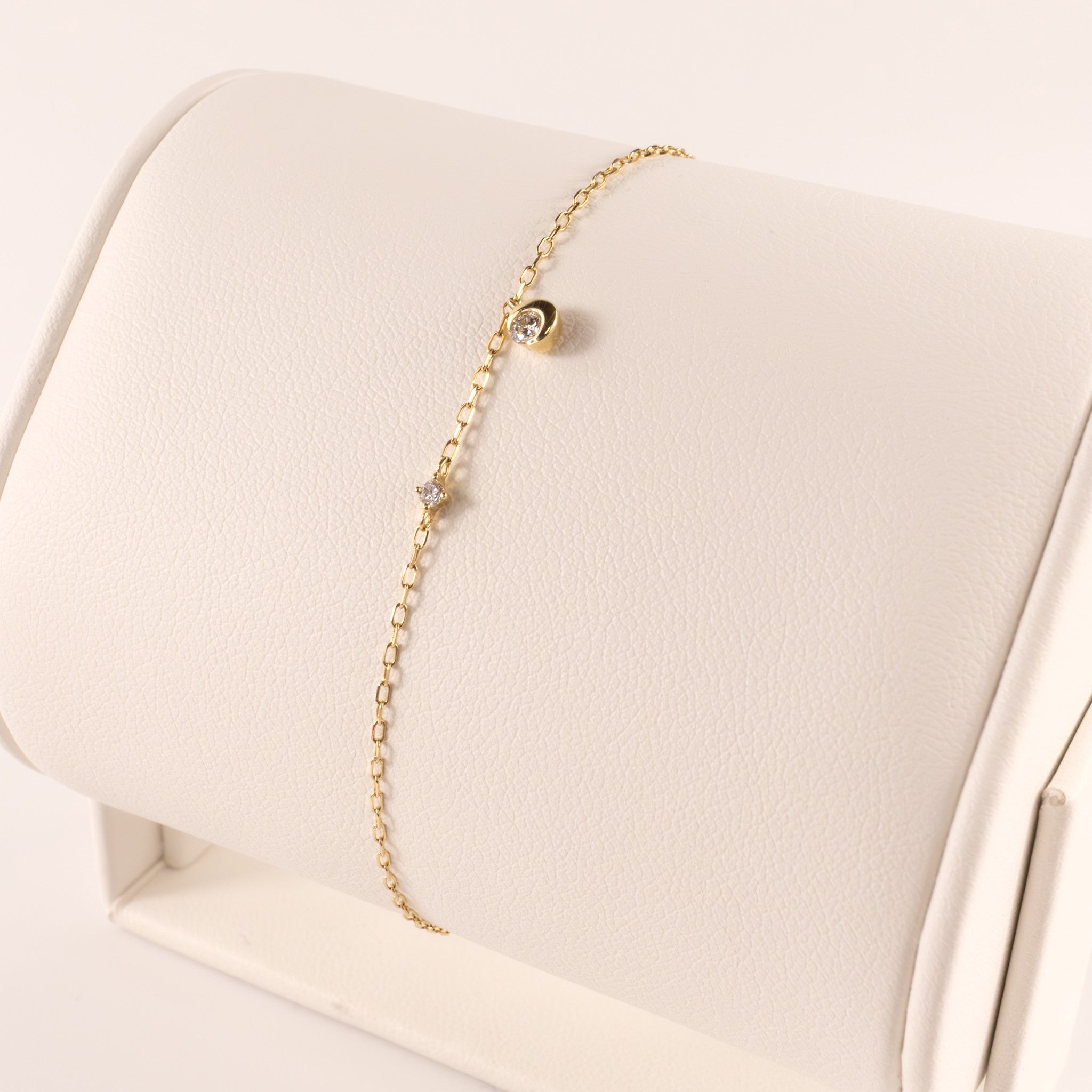 14KYG Lab Grown Diamond Haf Moon Bezel Cable Chain Bracelet