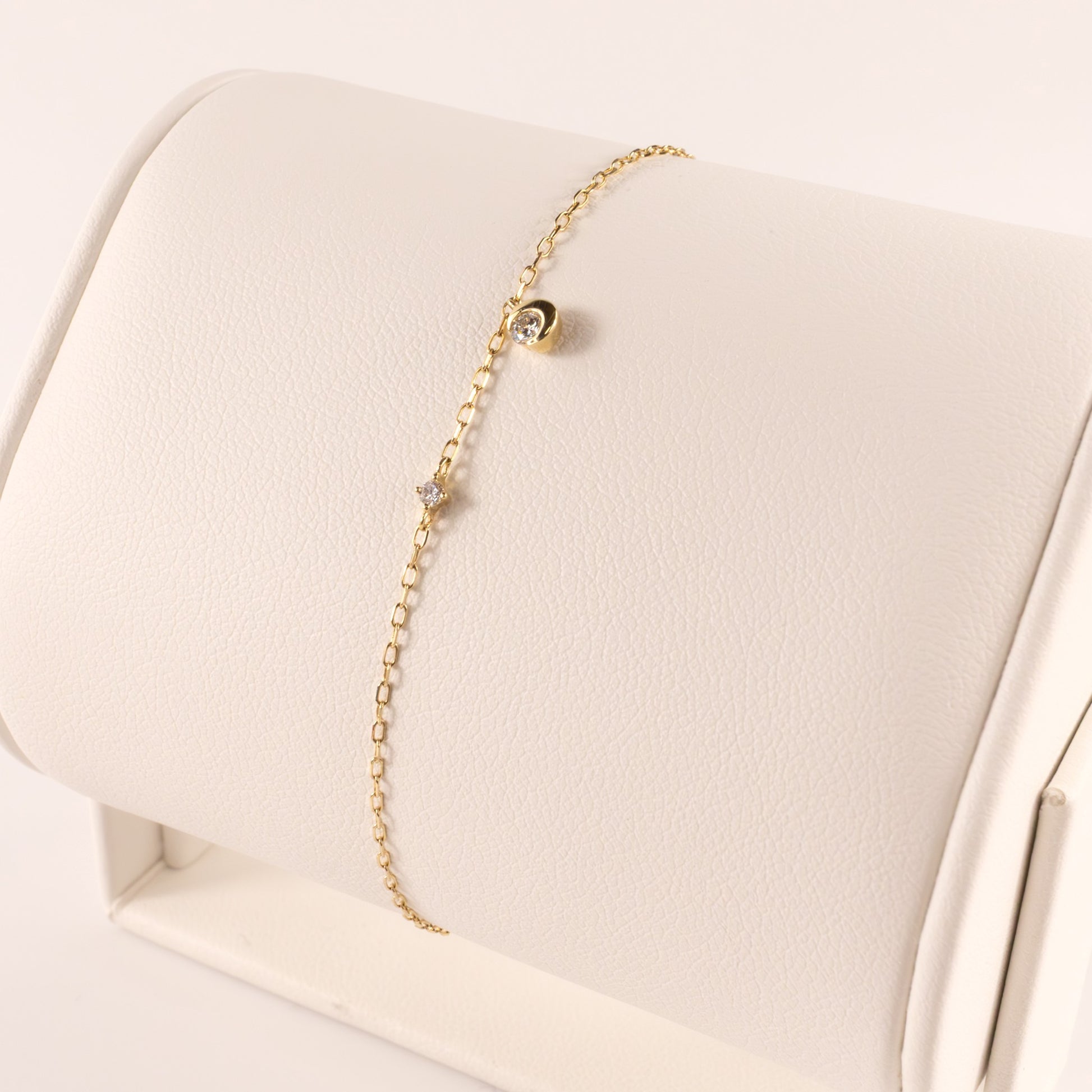 14KYG Lab Grown Diamond Haf Moon Bezel Cable Chain Bracelet