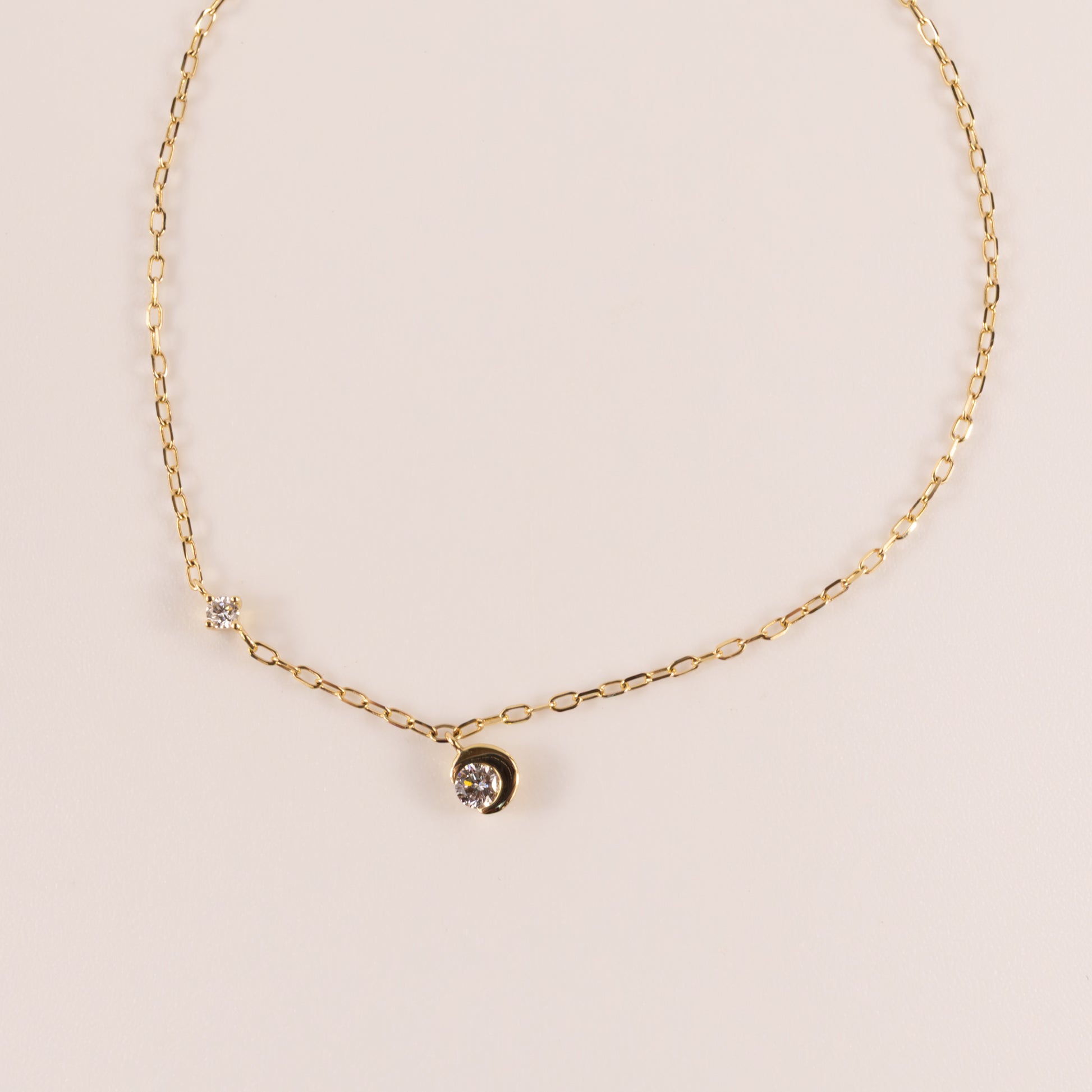 14KYG Lab Grown Diamond Haf Moon Bezel Cable Chain Bracelet