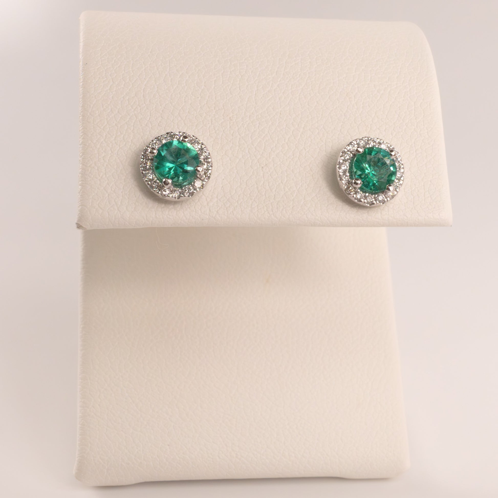 14KWG Emerald and Diamond Halo Stud Earrings