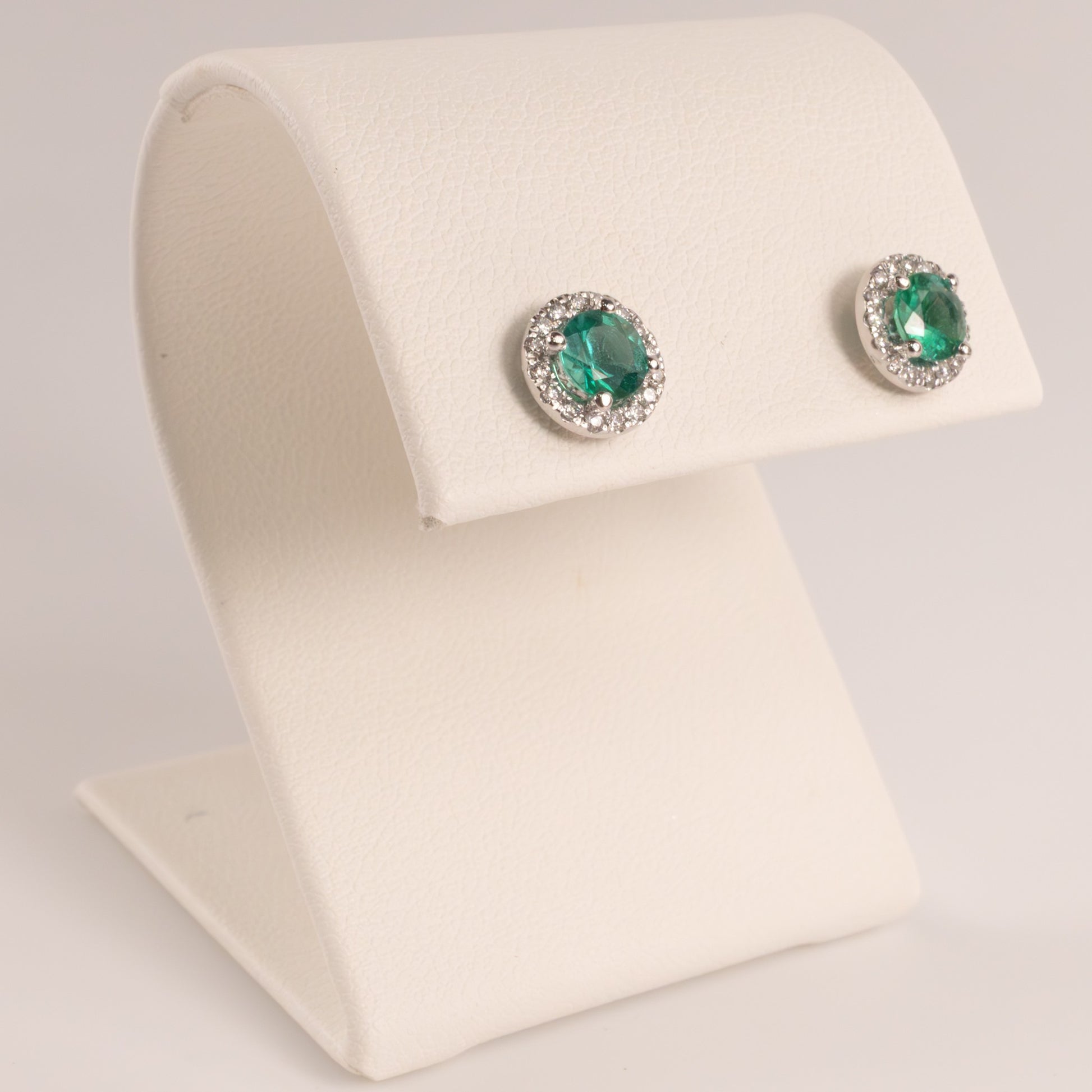14KWG Emerald and Diamond Halo Stud Earrings