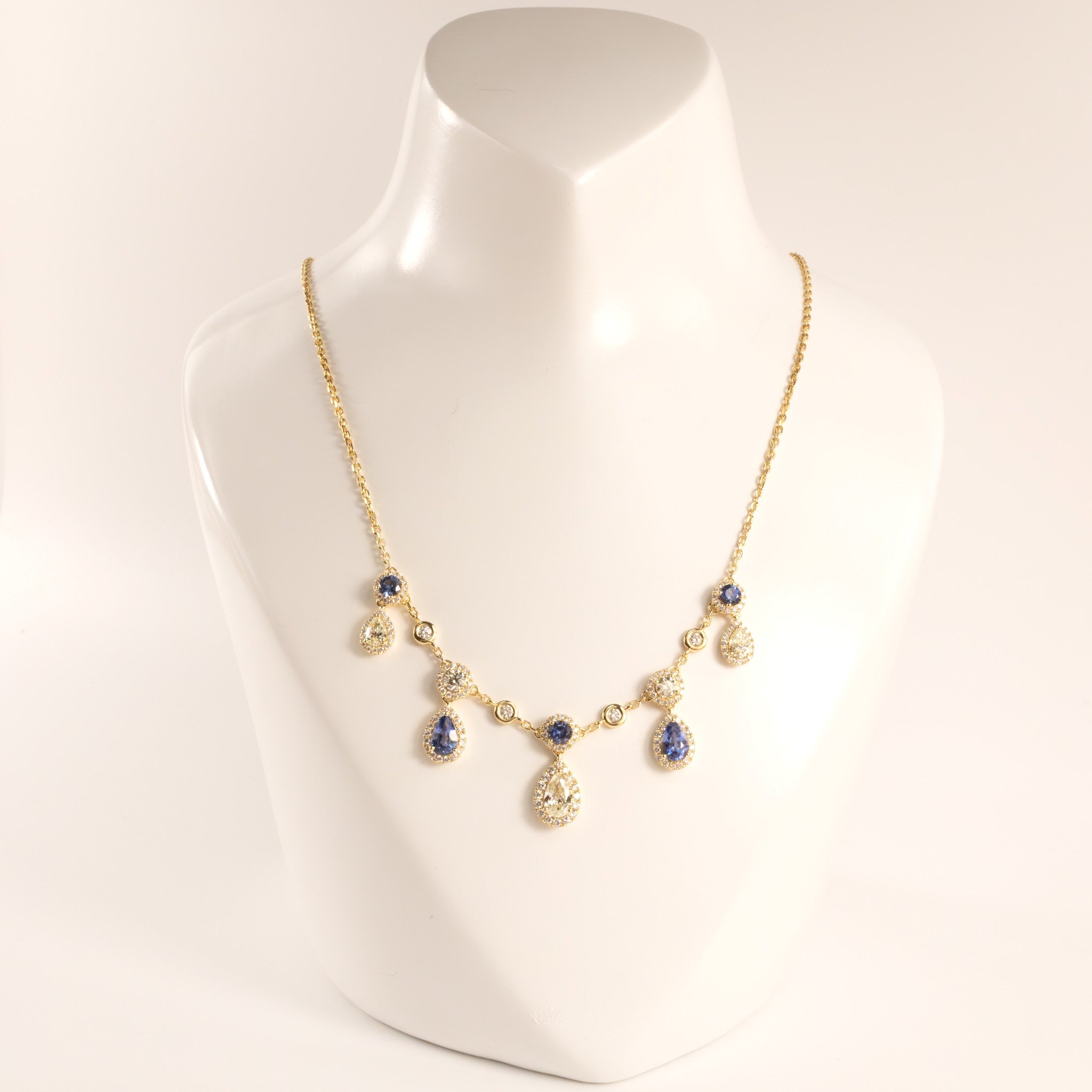 18KYG Diamond and Blue Sapphire Stationed Drop Necklace